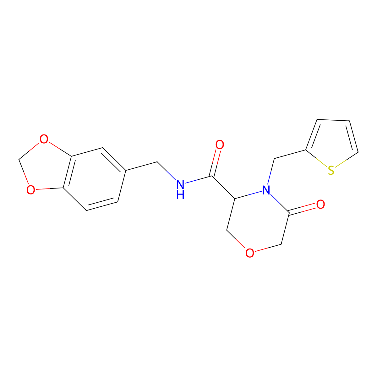 N-(benzo[d][1,3]dioxol-5-ylmethyl)-5-oxo-4-(thiophen-2-ylmethyl)morpholine-3-carboxamide molecular structure, CAS 1421443-10-8