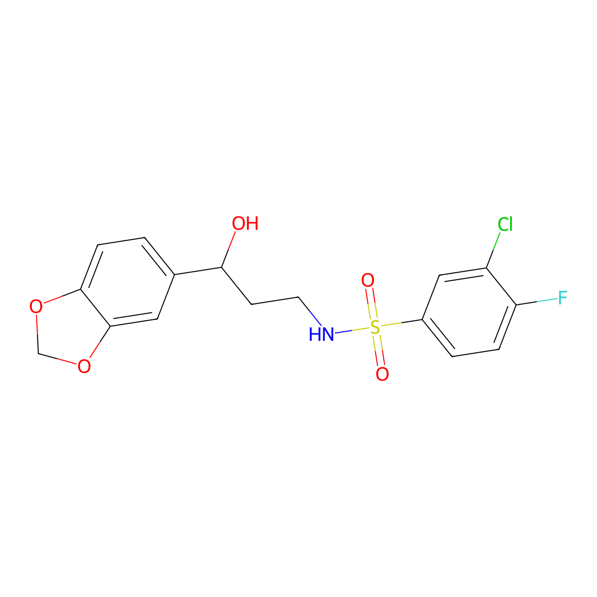 N-(3-(benzo[d][1,3]dioxol-5-yl)-3-hydroxypropyl)-3-chloro-4-fluorobenzenesulfonamide molecular structure, CAS 1421443-16-4