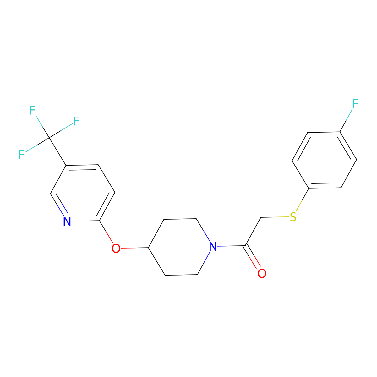 2-((4-Fluorophenyl)thio)-1-(4-((5-(trifluoromethyl)pyridin-2-yl)oxy)piperidin-1-yl)ethanone molecular structure, CAS 1421443-24-4