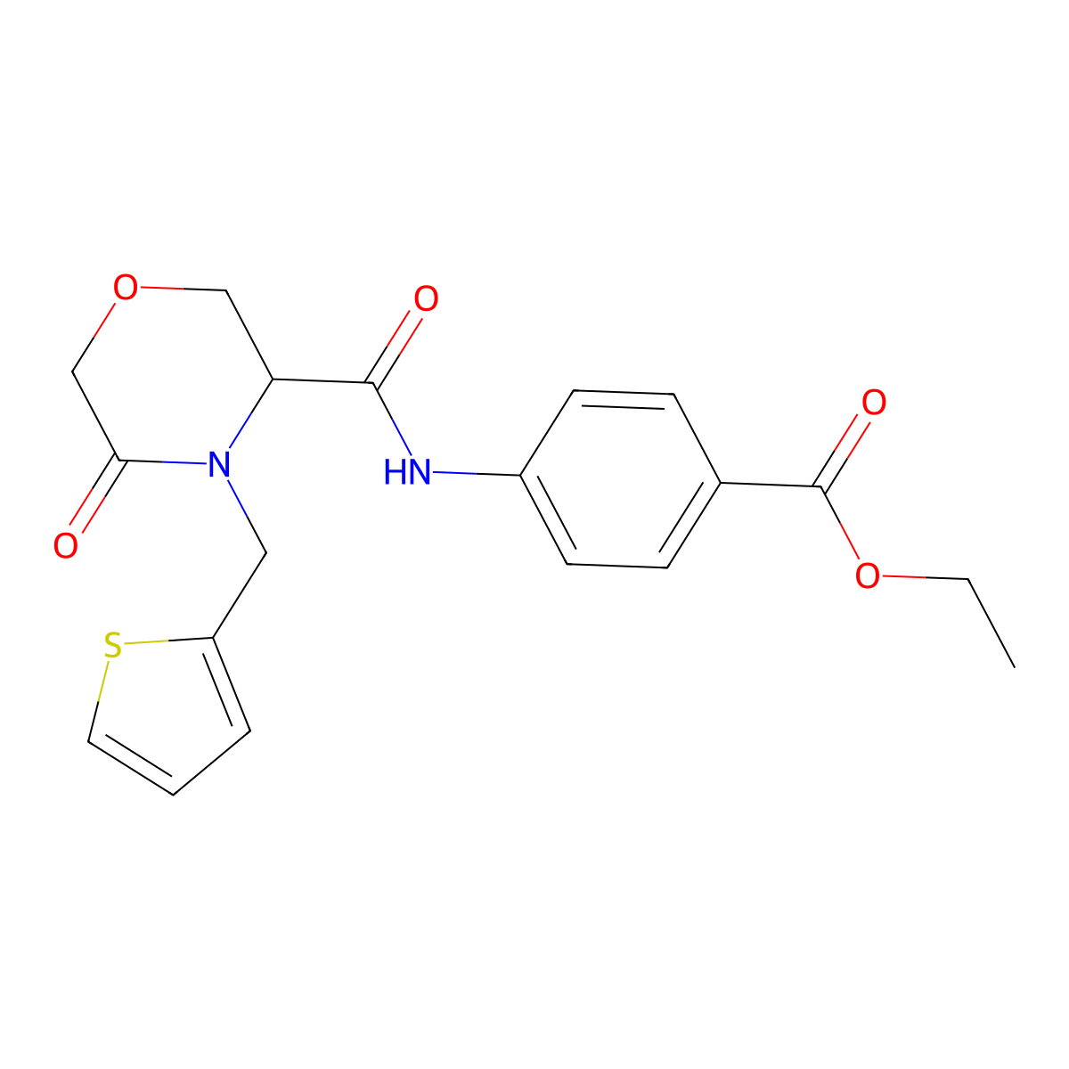 Ethyl 4-(5-oxo-4-(thiophen-2-ylmethyl)morpholine-3-carboxamido)benzoate molecular structure, CAS 1421443-26-6