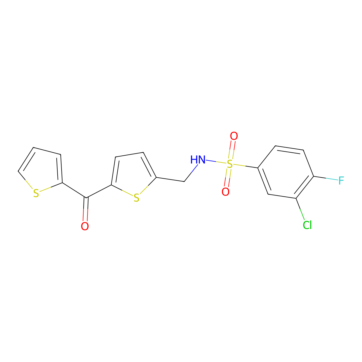 3-chloro-4-fluoro-N-((5-(thiophene-2-carbonyl)thiophen-2-yl)methyl)benzenesulfonamide molecular structure, CAS 1421443-31-3