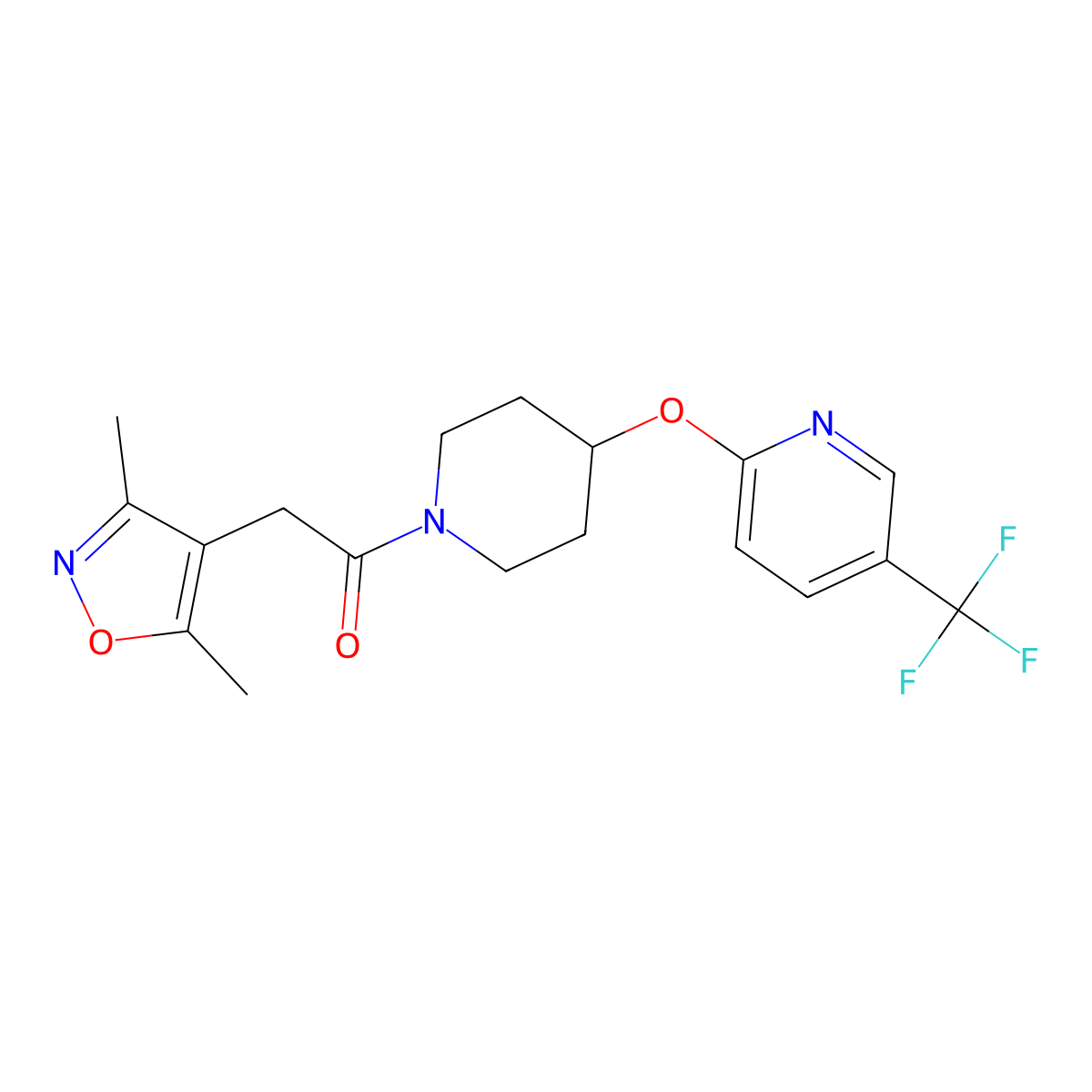 2-(3,5-Dimethylisoxazol-4-yl)-1-(4-((5-(trifluoromethyl)pyridin-2-yl)oxy)piperidin-1-yl)ethanone molecular structure, CAS 1421443-33-5