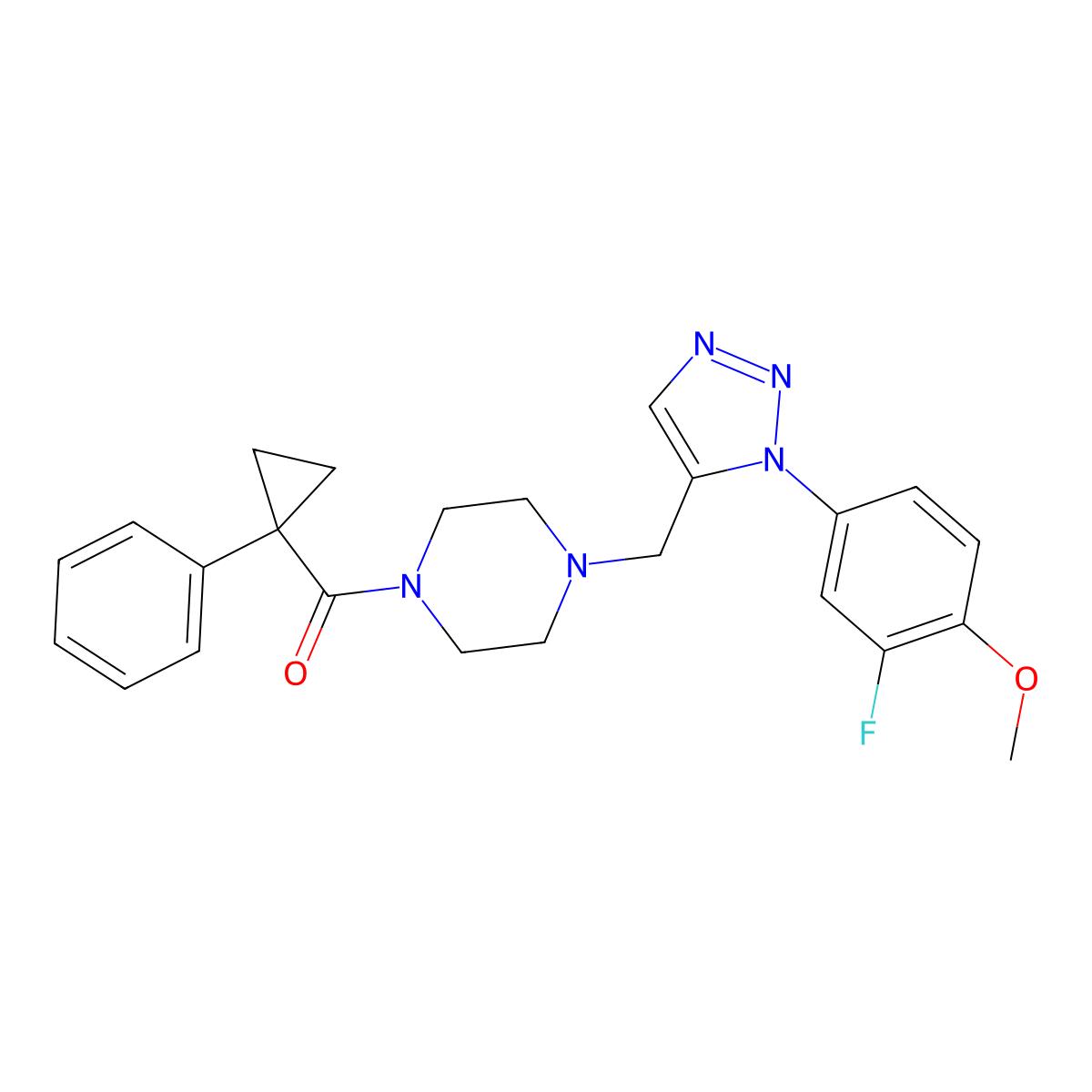 (4-((1-(3-fluoro-4-methoxyphenyl)-1H-1,2,3-triazol-5-yl)methyl)piperazin-1-yl)(1-phenylcyclopropyl)methanone molecular structure, CAS 1421443-35-7
