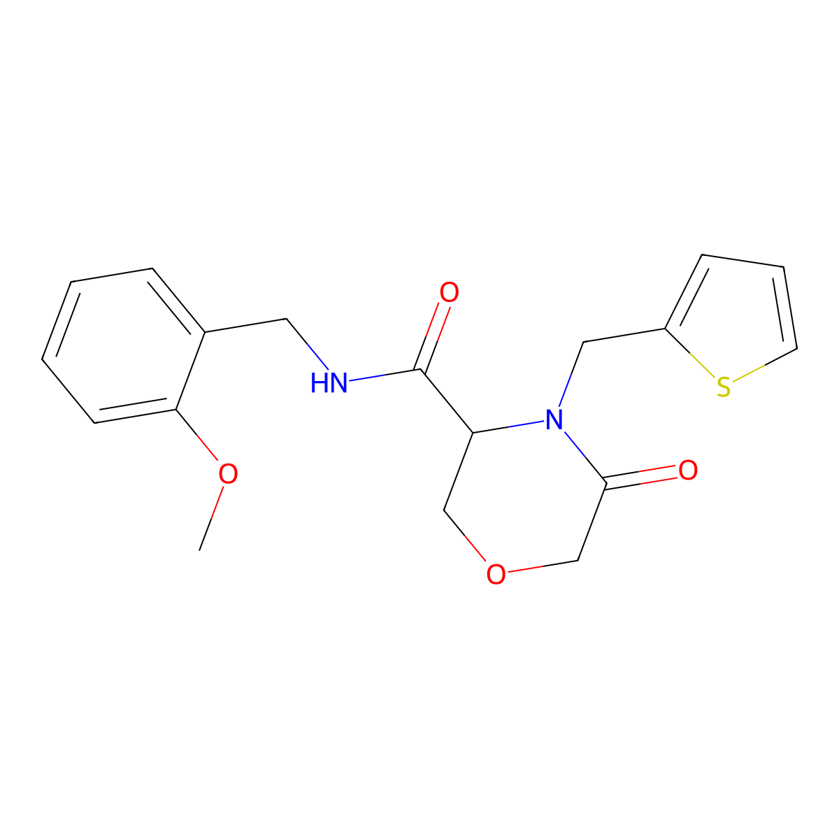 N-(2-methoxybenzyl)-5-oxo-4-(thiophen-2-ylmethyl)morpholine-3-carboxamide molecular structure, CAS 1421443-36-8