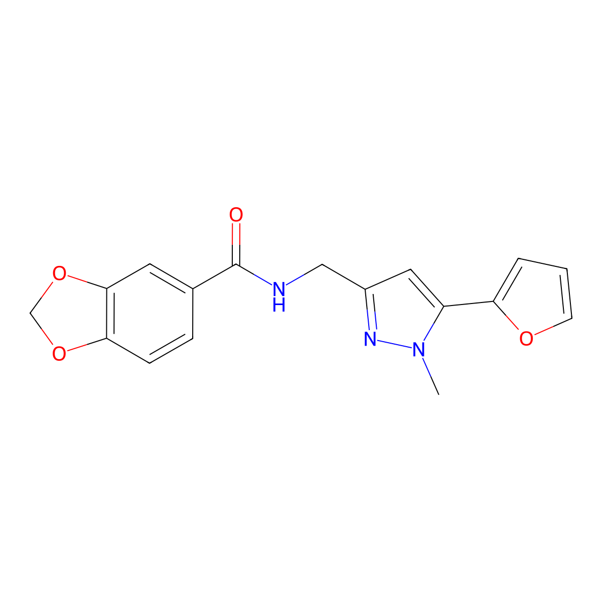 N-((5-(furan-2-yl)-1-methyl-1H-pyrazol-3-yl)methyl)benzo[d][1,3]dioxole-5-carboxamide molecular structure, CAS 1421443-37-9