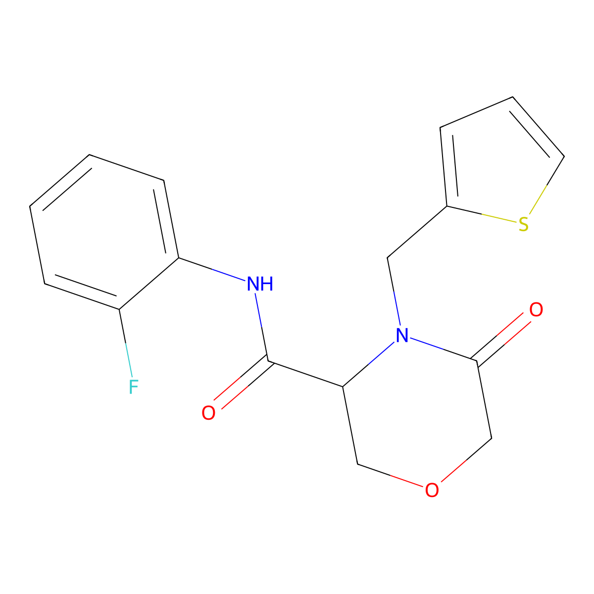 N-(2-fluorophenyl)-5-oxo-4-(thiophen-2-ylmethyl)morpholine-3-carboxamide molecular structure, CAS 1421443-42-6