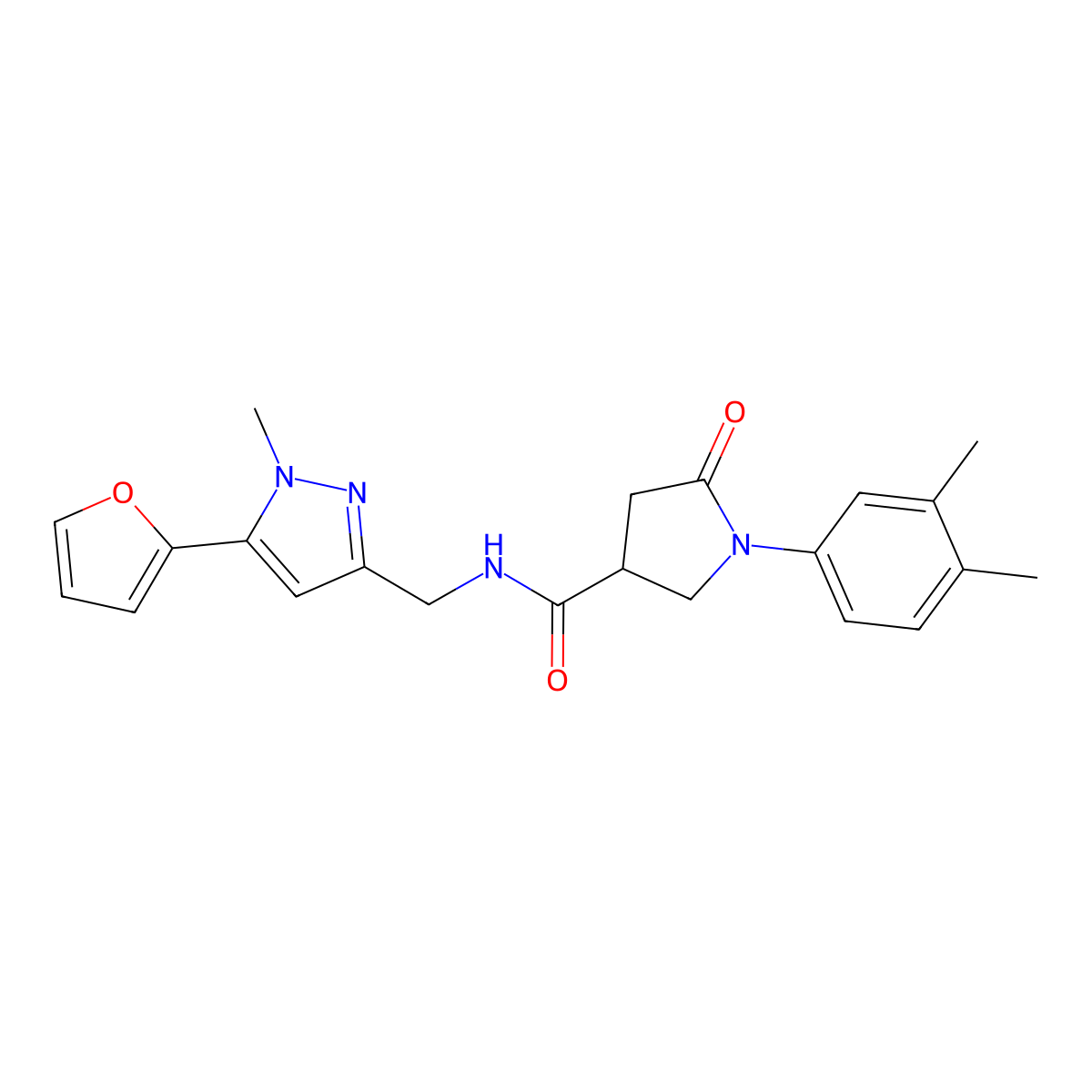 1-(3,4-dimethylphenyl)-N-{[5-(furan-2-yl)-1-methyl-1H-pyrazol-3-yl]methyl}-5-oxopyrrolidine-3-carboxamide molecular structure, CAS 1421443-45-9