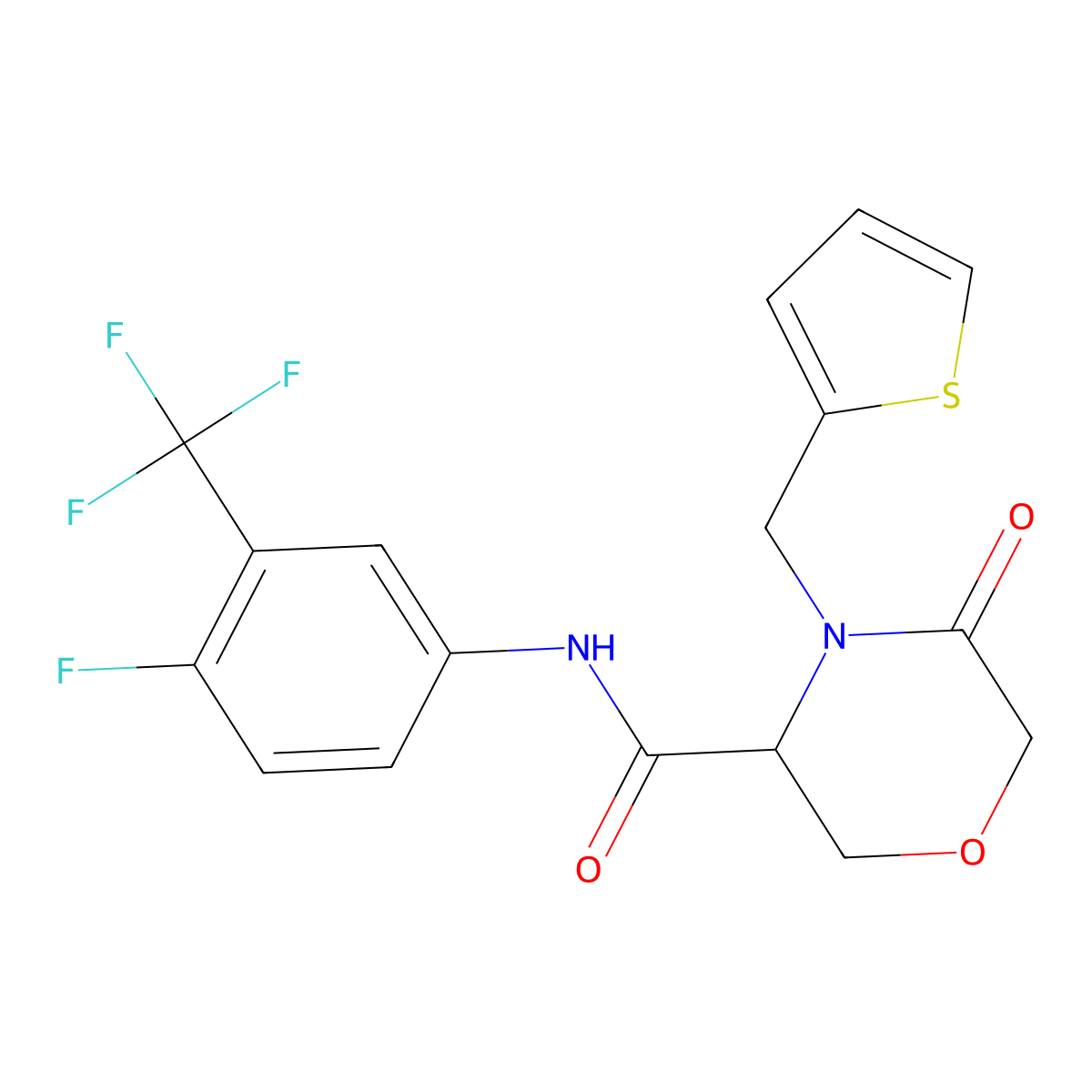N-(4-fluoro-3-(trifluoromethyl)phenyl)-5-oxo-4-(thiophen-2-ylmethyl)morpholine-3-carboxamide molecular structure, CAS 1421443-48-2