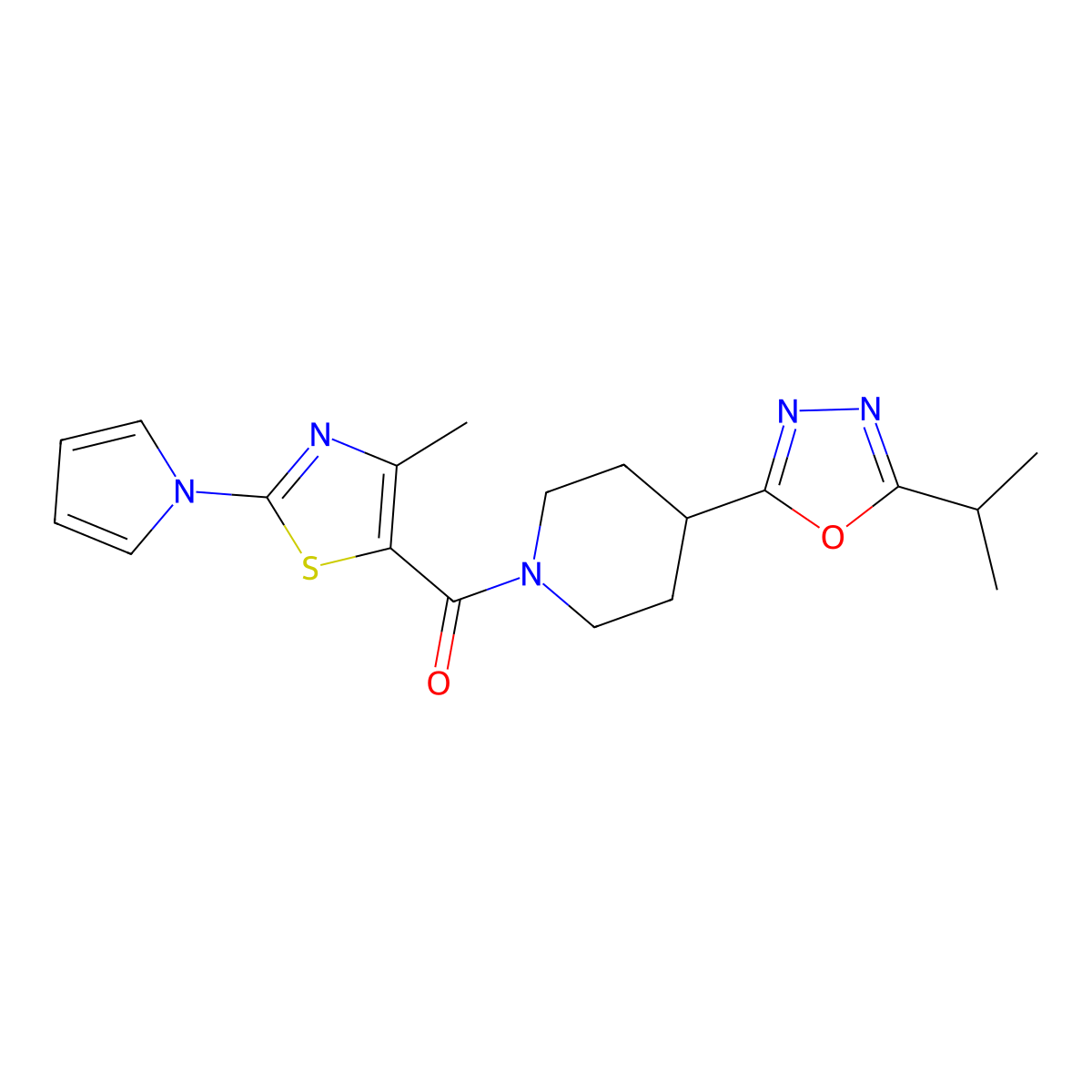 (4-(5-isopropyl-1,3,4-oxadiazol-2-yl)piperidin-1-yl)(4-methyl-2-(1H-pyrrol-1-yl)thiazol-5-yl)methanone molecular structure, CAS 1421443-49-3