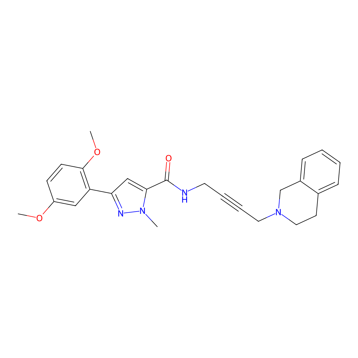 N-(4-(3,4-dihydroisoquinolin-2(1H)-yl)but-2-yn-1-yl)-3-(2,5-dimethoxyphenyl)-1-methyl-1H-pyrazole-5-carboxamide molecular structure, CAS 1421443-57-3