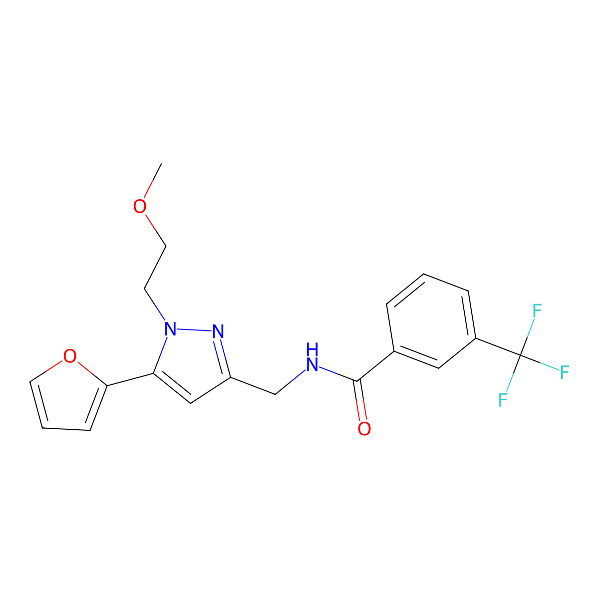 N-{[5-(furan-2-yl)-1-(2-methoxyethyl)-1H-pyrazol-3-yl]methyl}-3-(trifluoromethyl)benzamide molecular structure, CAS 1421443-62-0