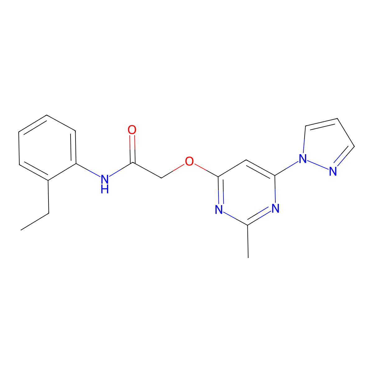 N-(2-ethylphenyl)-2-{[2-methyl-6-(1H-pyrazol-1-yl)pyrimidin-4-yl]oxy}acetamide molecular structure, CAS 1421443-88-0