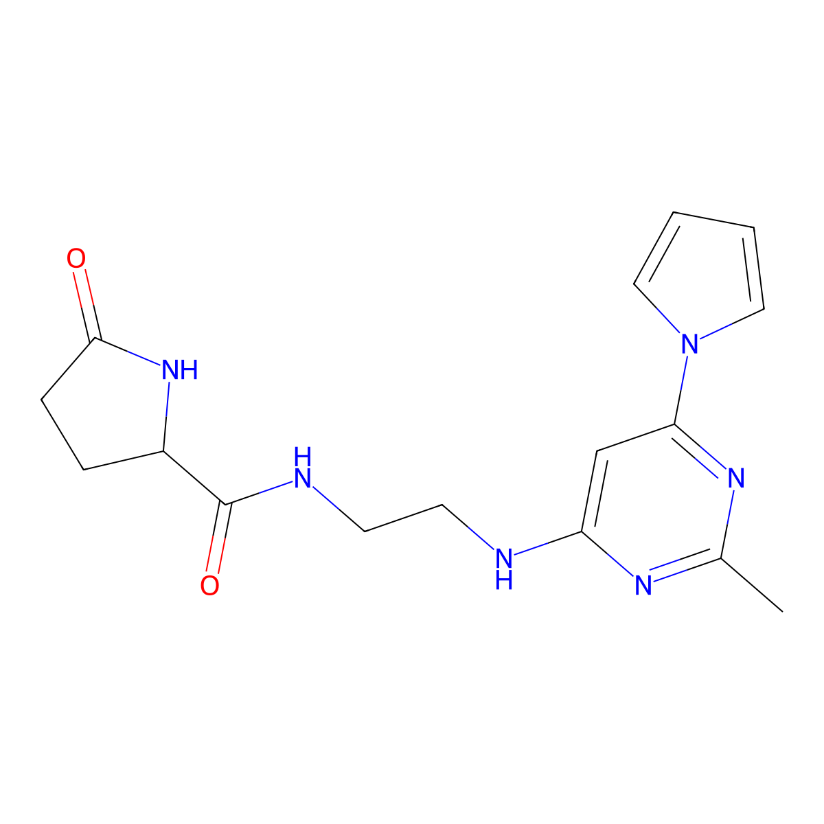 N-(2-{[2-methyl-6-(1H-pyrrol-1-yl)pyrimidin-4-yl]amino}ethyl)-5-oxopyrrolidine-2-carboxamide molecular structure, CAS 1421443-90-4