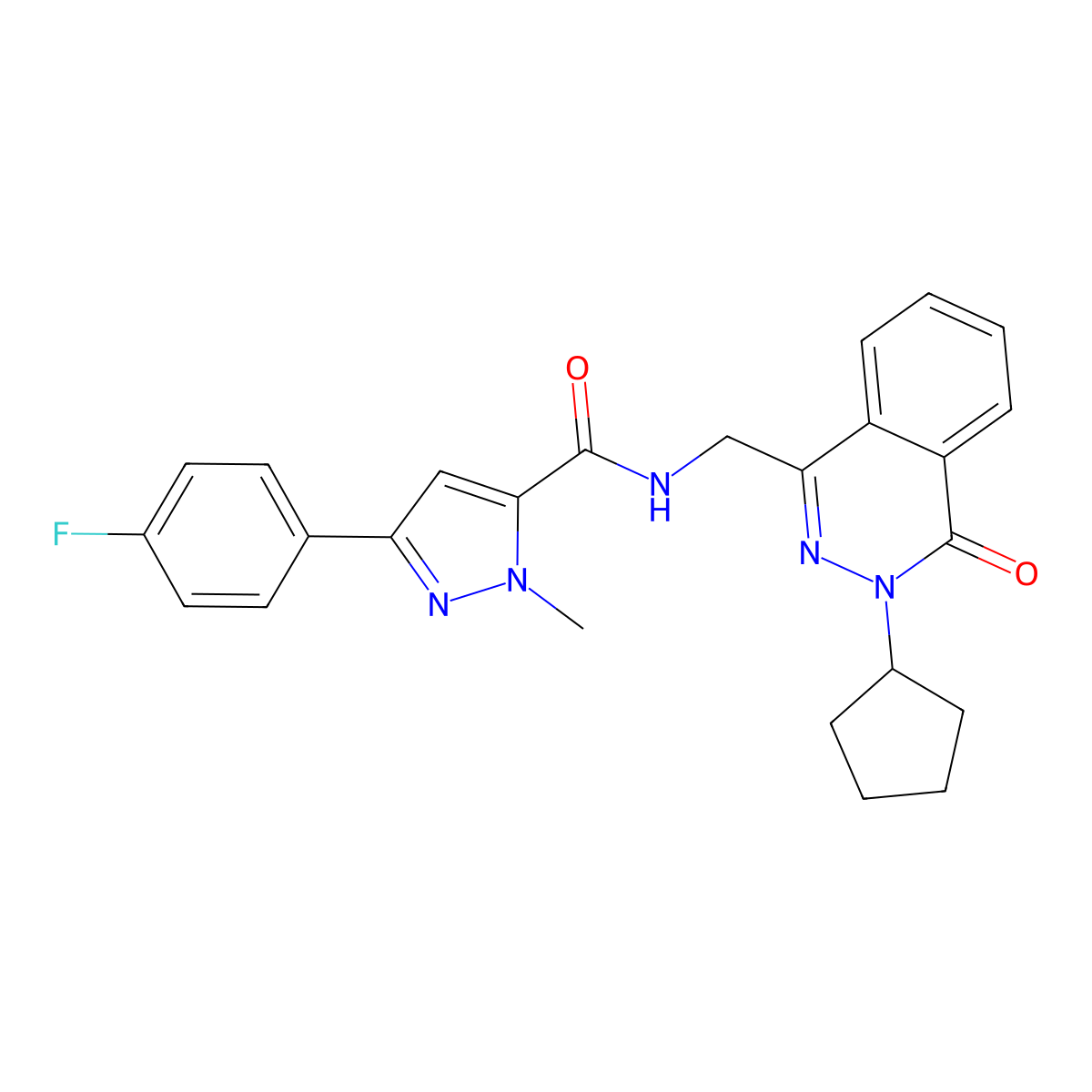 N-[(3-cyclopentyl-4-oxo-3,4-dihydrophthalazin-1-yl)methyl]-3-(4-fluorophenyl)-1-methyl-1H-pyrazole-5-carboxamide molecular structure, CAS 1421443-93-7
