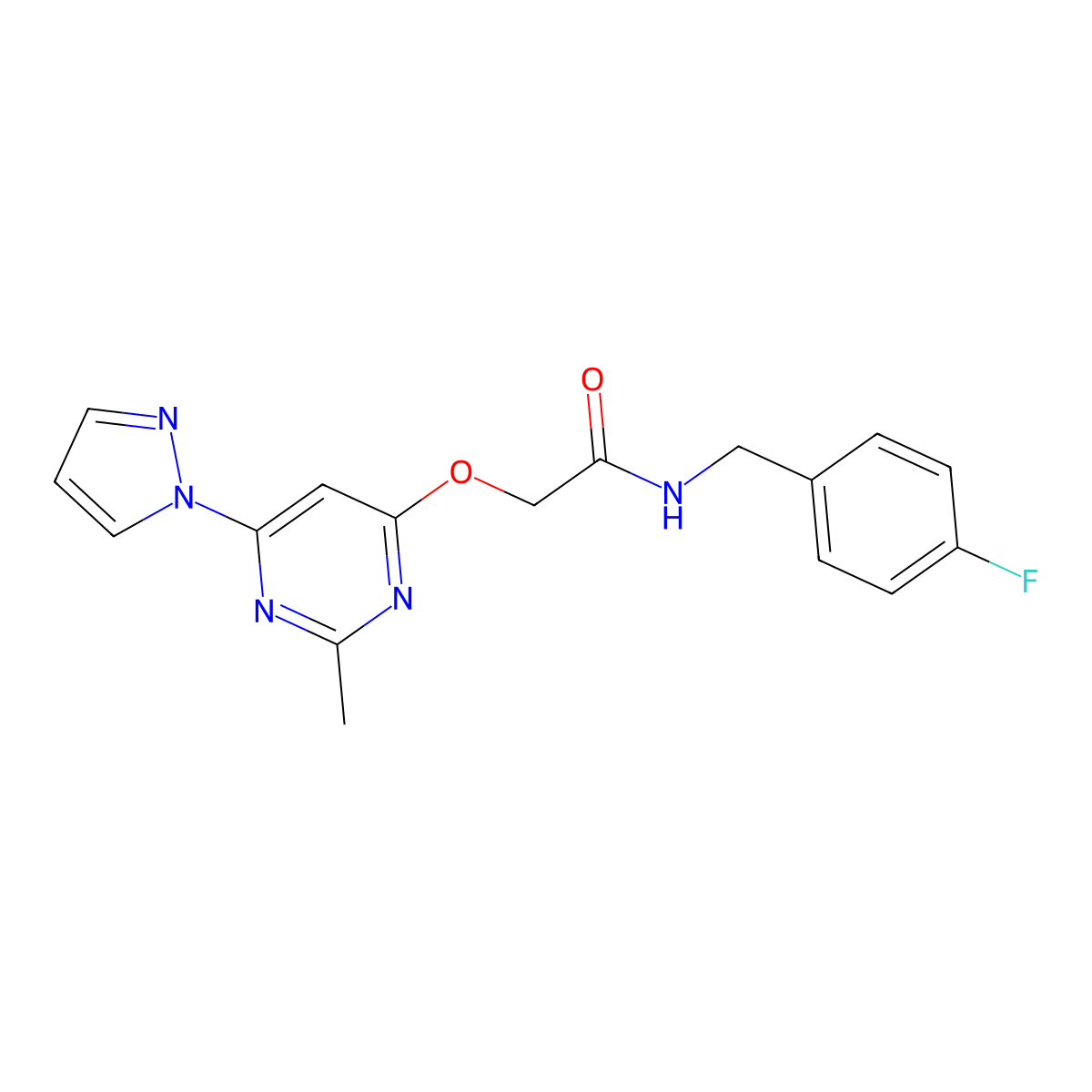 N-(4-fluorobenzyl)-2-((2-methyl-6-(1H-pyrazol-1-yl)pyrimidin-4-yl)oxy)acetamide molecular structure, CAS 1421443-96-0