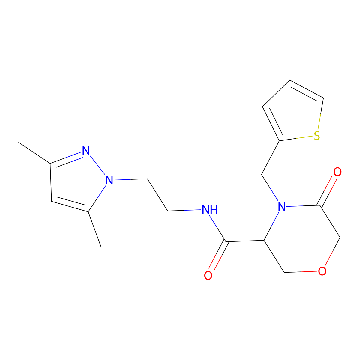 N-(2-(3,5-dimethyl-1H-pyrazol-1-yl)ethyl)-5-oxo-4-(thiophen-2-ylmethyl)morpholine-3-carboxamide molecular structure, CAS 1421443-97-1