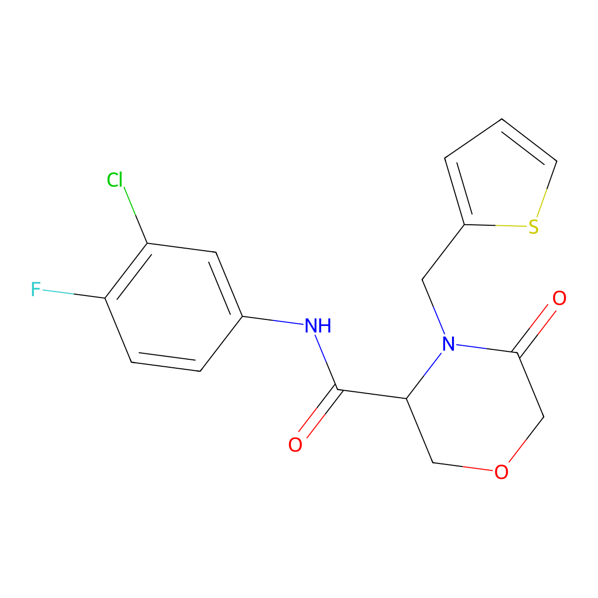 N-(3-chloro-4-fluorophenyl)-5-oxo-4-(thiophen-2-ylmethyl)morpholine-3-carboxamide molecular structure, CAS 1421444-04-3