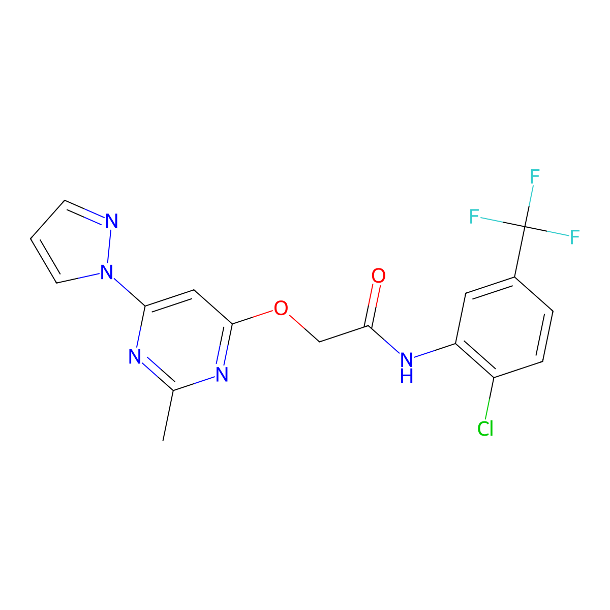 N-[2-chloro-5-(trifluoromethyl)phenyl]-2-{[2-methyl-6-(1H-pyrazol-1-yl)pyrimidin-4-yl]oxy}acetamide molecular structure, CAS 1421444-05-4