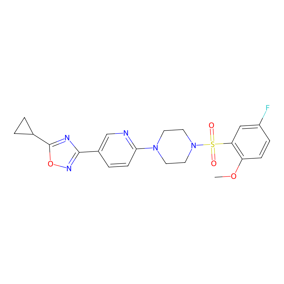 5-Cyclopropyl-3-(6-(4-((5-fluoro-2-methoxyphenyl)sulfonyl)piperazin-1-yl)pyridin-3-yl)-1,2,4-oxadiazole molecular structure, CAS 1421444-07-6