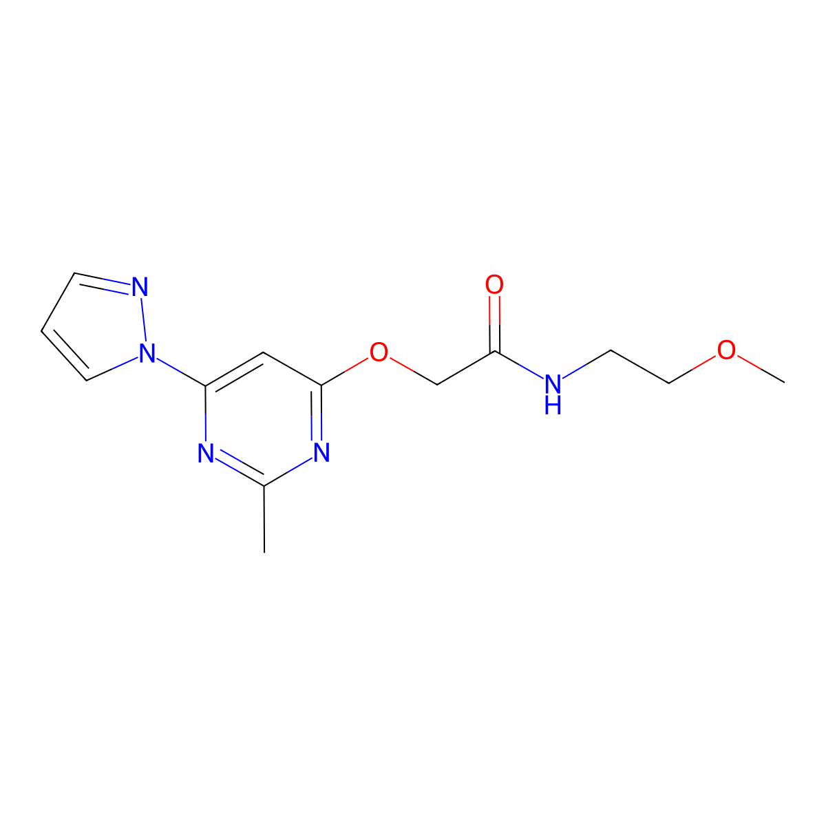 N-(2-methoxyethyl)-2-{[2-methyl-6-(1H-pyrazol-1-yl)pyrimidin-4-yl]oxy}acetamide molecular structure, CAS 1421444-12-3