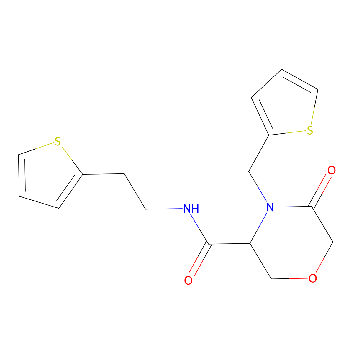 5-oxo-N-(2-(thiophen-2-yl)ethyl)-4-(thiophen-2-ylmethyl)morpholine-3-carboxamide molecular structure, CAS 1421444-13-4