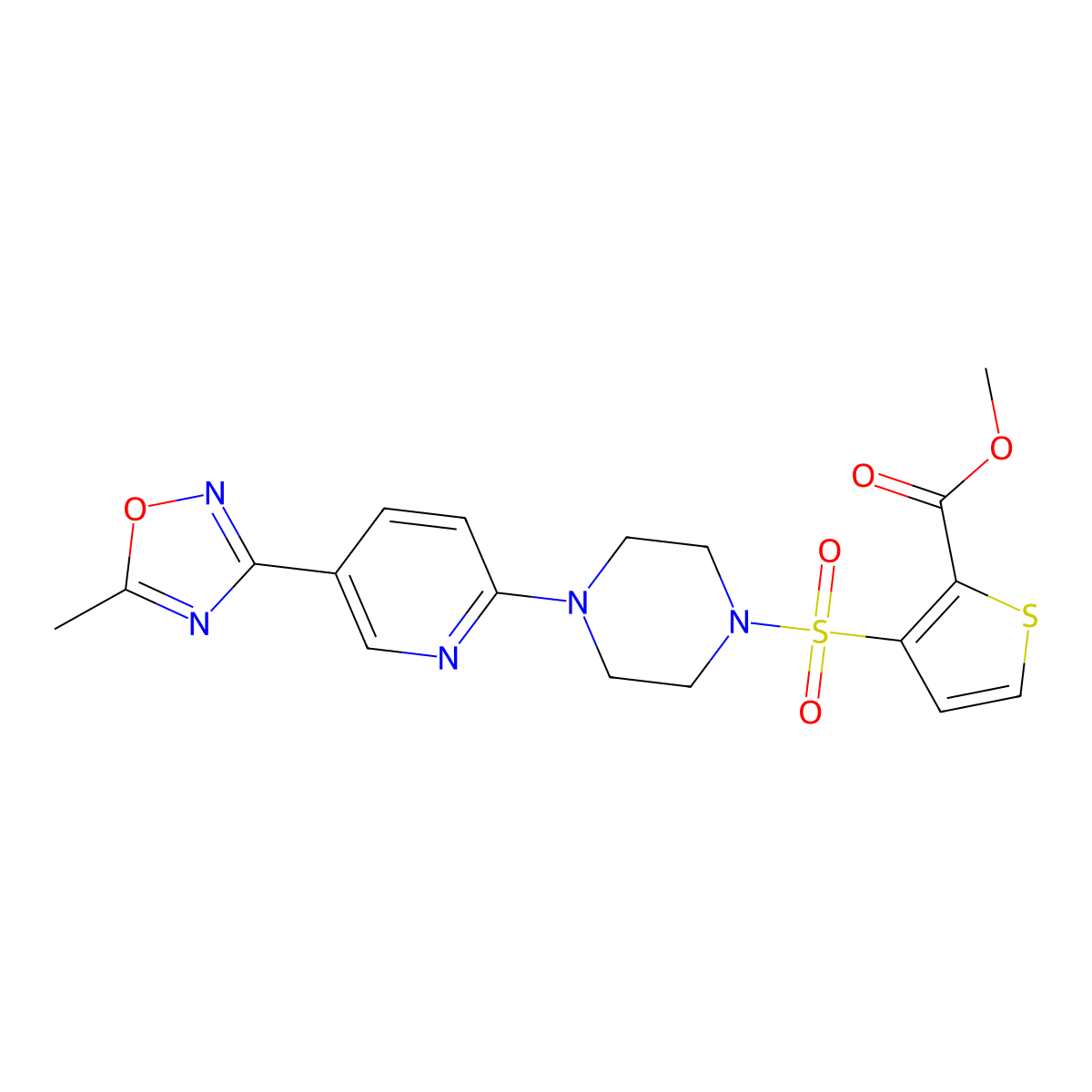 Methyl 3-({4-[5-(5-methyl-1,2,4-oxadiazol-3-yl)pyridin-2-yl]piperazin-1-yl}sulfonyl)thiophene-2-carboxylate molecular structure, CAS 1421444-15-6