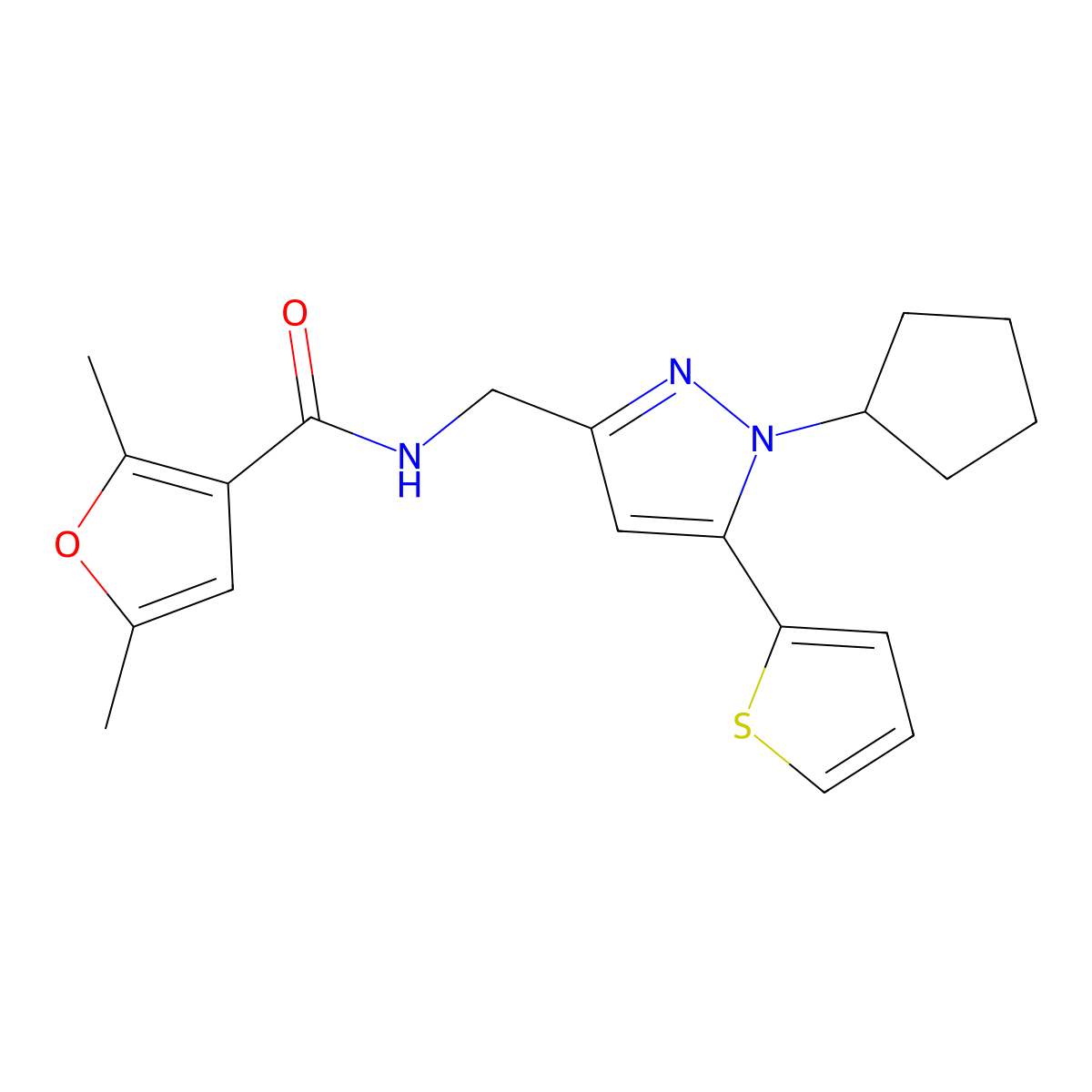 N-{[1-cyclopentyl-5-(thiophen-2-yl)-1H-pyrazol-3-yl]methyl}-2,5-dimethylfuran-3-carboxamide molecular structure, CAS 1421444-16-7