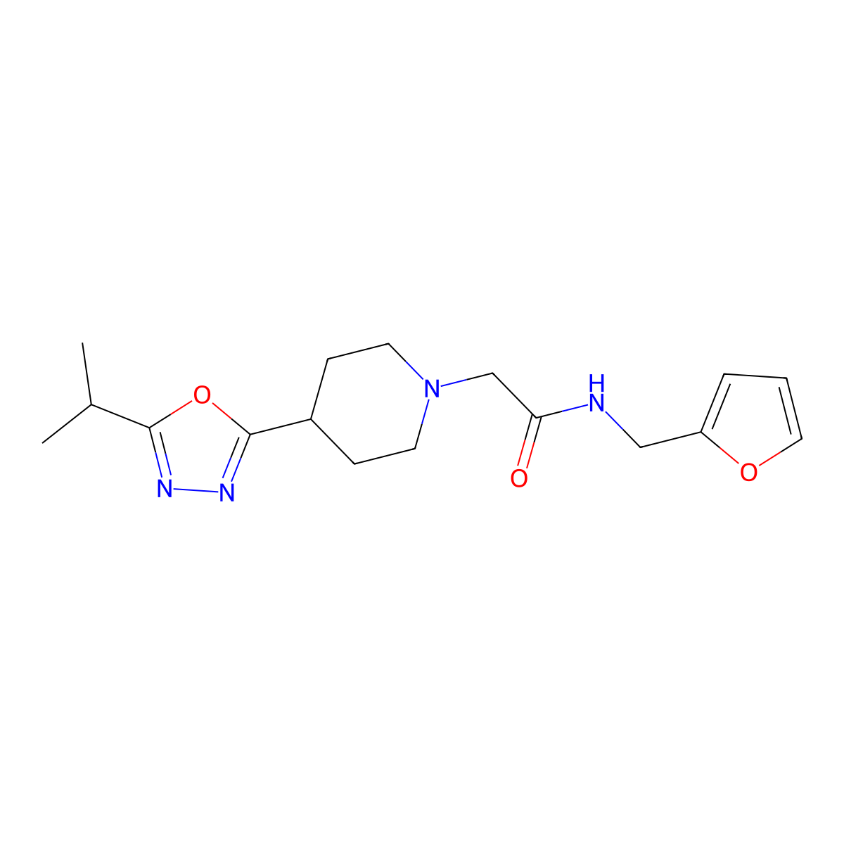 N-(furan-2-ylmethyl)-2-(4-(5-isopropyl-1,3,4-oxadiazol-2-yl)piperidin-1-yl)acetamide molecular structure, CAS 1421444-19-0