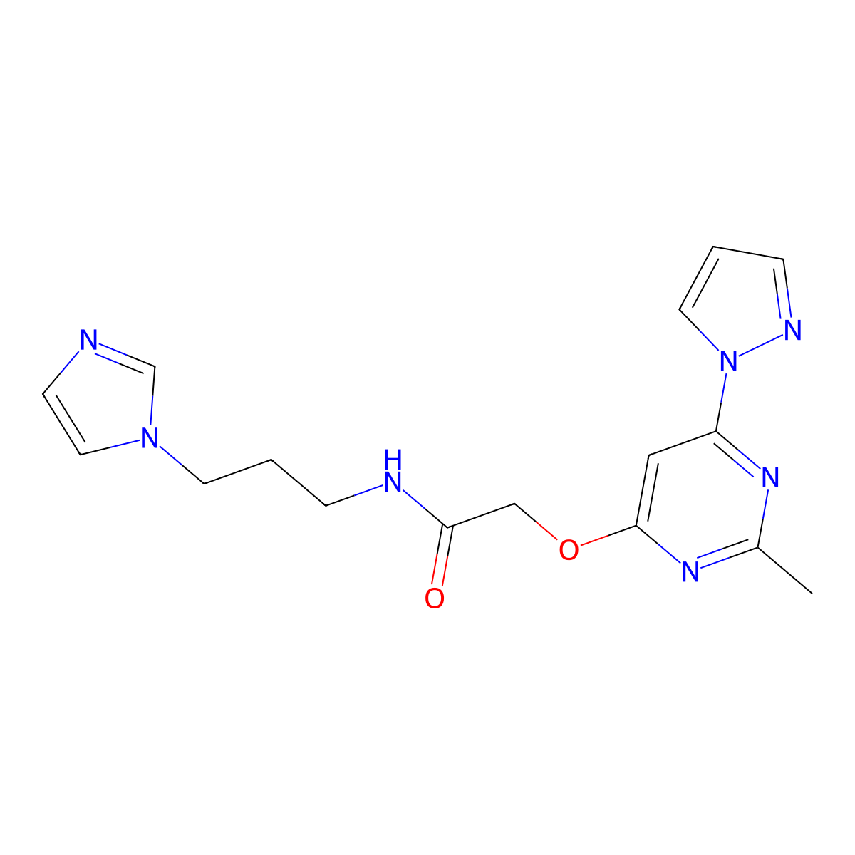 N-(3-(1H-imidazol-1-yl)propyl)-2-((2-methyl-6-(1H-pyrazol-1-yl)pyrimidin-4-yl)oxy)acetamide molecular structure, CAS 1421444-20-3