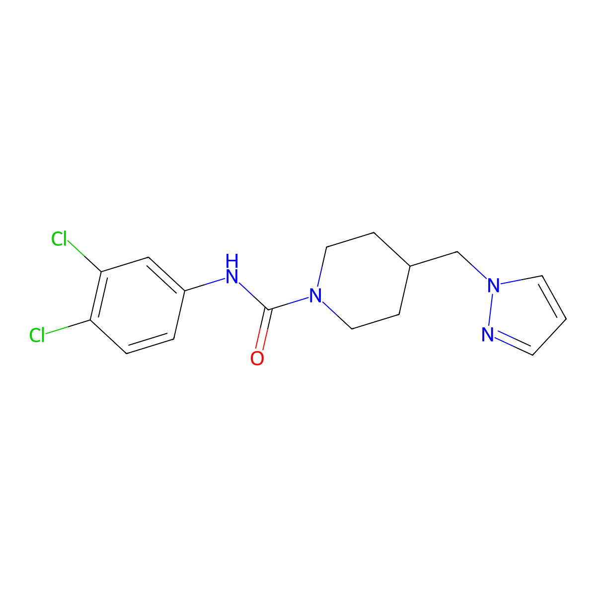 4-((1H-pyrazol-1-yl)methyl)-N-(3,4-dichlorophenyl)piperidine-1-carboxamide molecular structure, CAS 1421444-23-6
