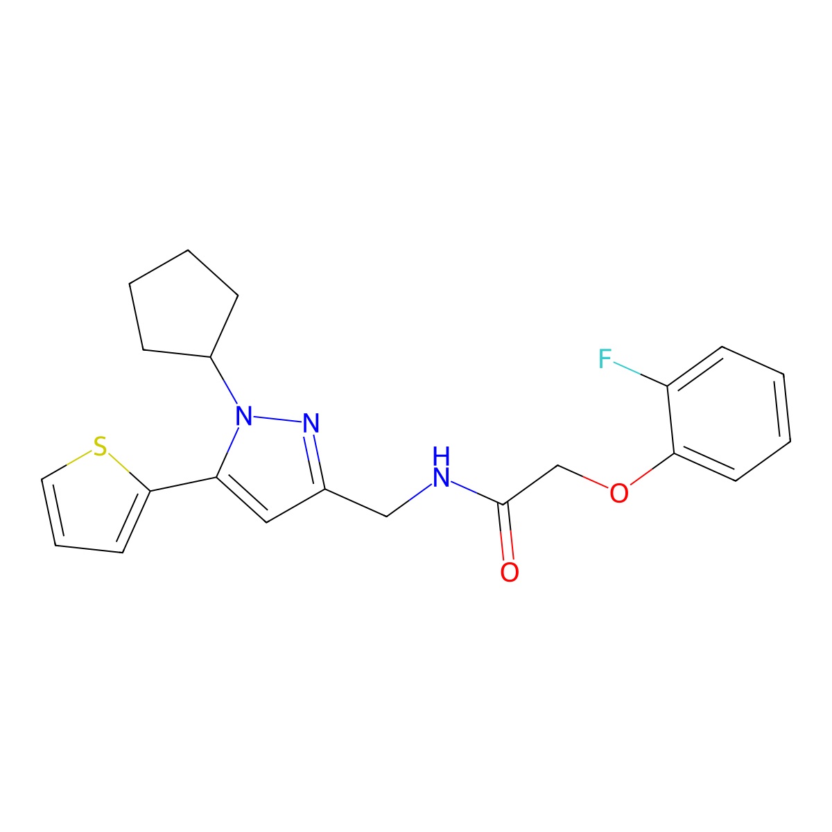N-((1-cyclopentyl-5-(thiophen-2-yl)-1H-pyrazol-3-yl)methyl)-2-(2-fluorophenoxy)acetamide molecular structure, CAS 1421444-25-8