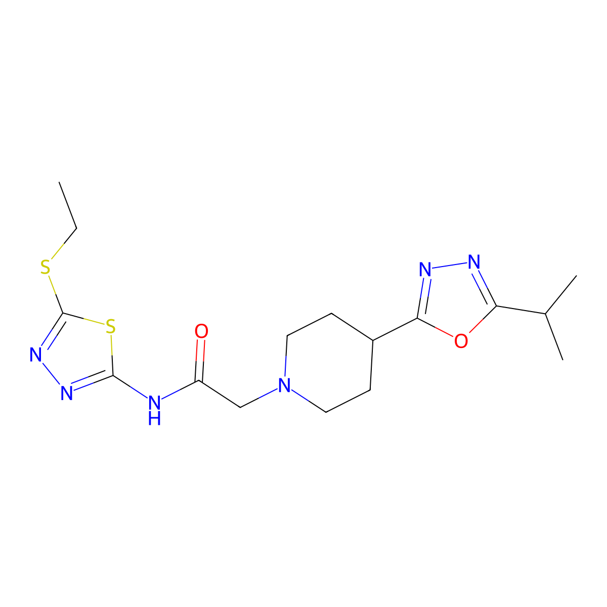 N-(5-(ethylthio)-1,3,4-thiadiazol-2-yl)-2-(4-(5-isopropyl-1,3,4-oxadiazol-2-yl)piperidin-1-yl)acetamide molecular structure, CAS 1421444-30-5