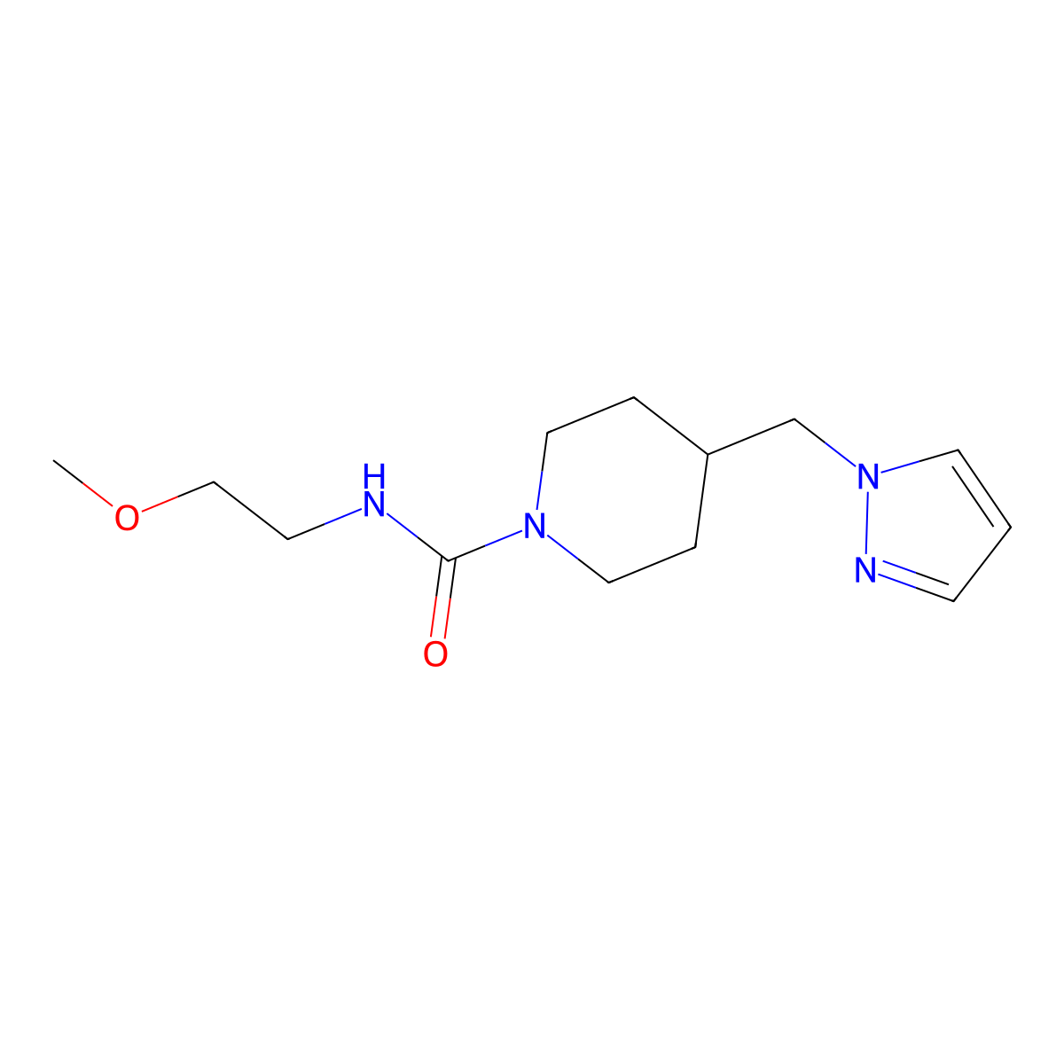 4-((1H-pyrazol-1-yl)methyl)-N-(2-methoxyethyl)piperidine-1-carboxamide molecular structure, CAS 1421444-33-8
