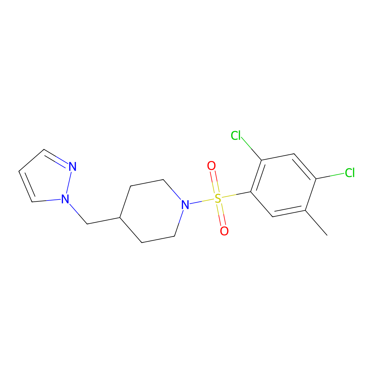 4-((1H-pyrazol-1-yl)methyl)-1-((2,4-dichloro-5-methylphenyl)sulfonyl)piperidine molecular structure, CAS 1421444-39-4