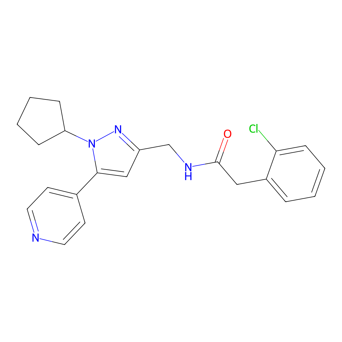 2-(2-chlorophenyl)-N-{[1-cyclopentyl-5-(pyridin-4-yl)-1H-pyrazol-3-yl]methyl}acetamide molecular structure, CAS 1421444-43-0