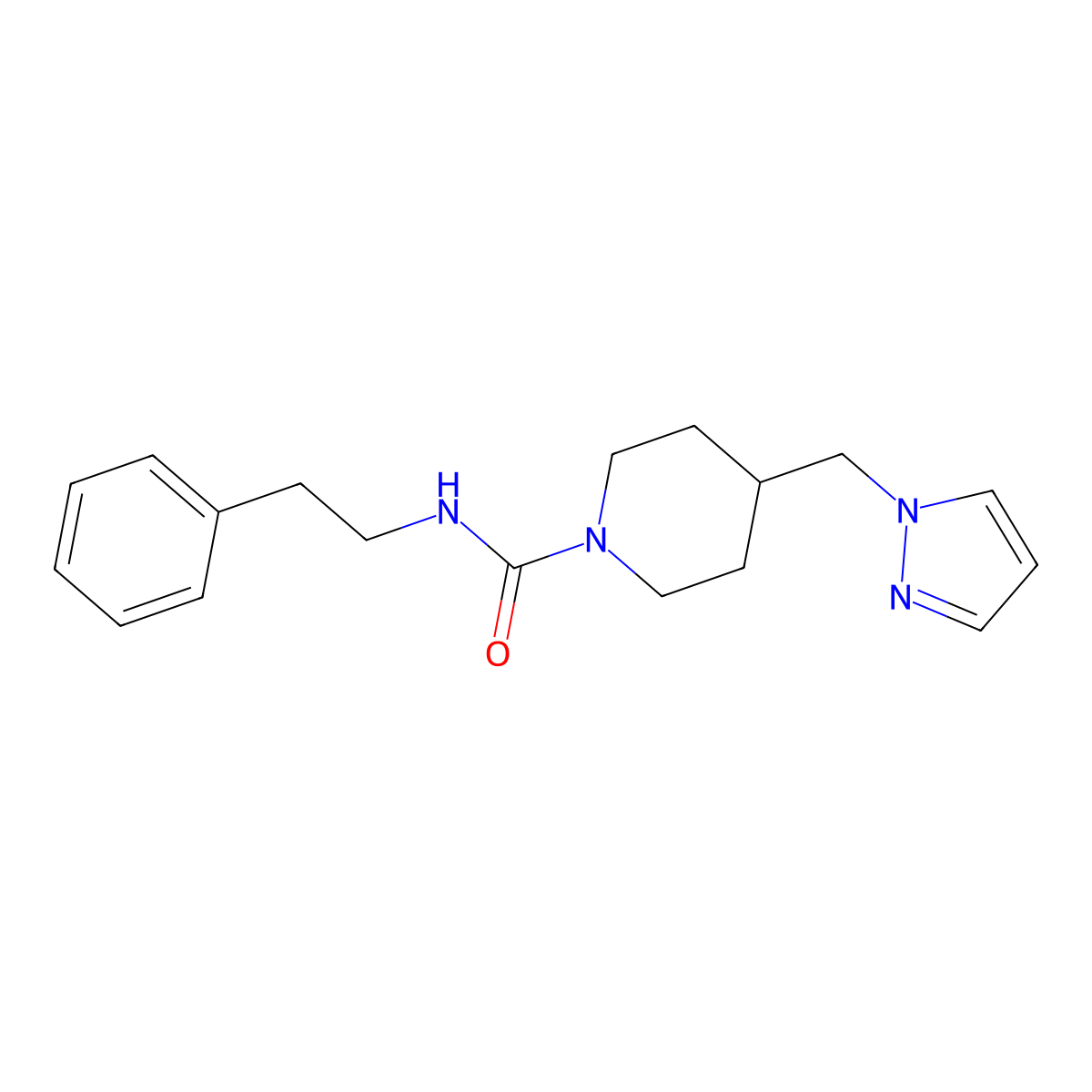 N-(2-phenylethyl)-4-[(1H-pyrazol-1-yl)methyl]piperidine-1-carboxamide molecular structure, CAS 1421444-46-3