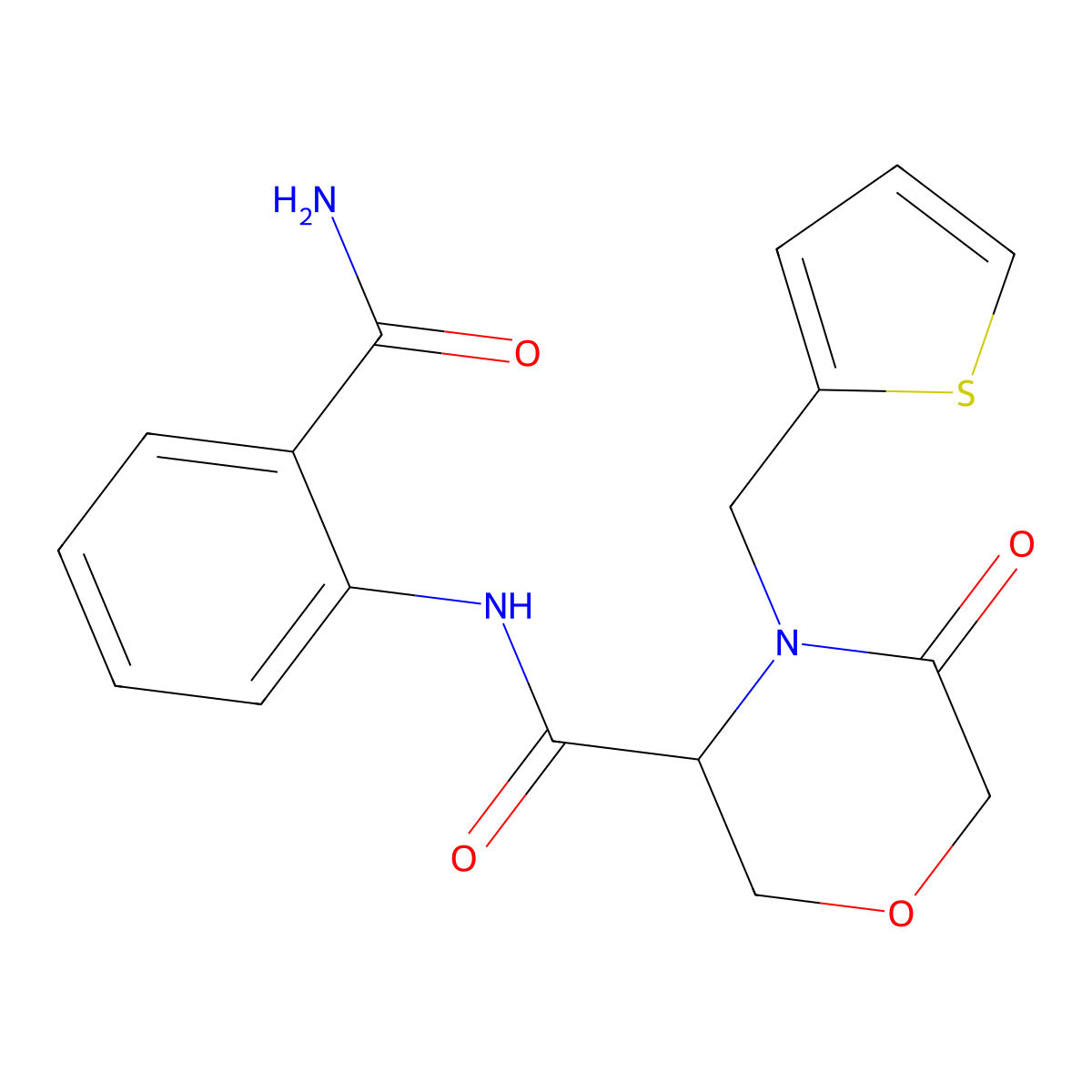 N-(2-carbamoylphenyl)-5-oxo-4-(thiophen-2-ylmethyl)morpholine-3-carboxamide molecular structure, CAS 1421444-49-6