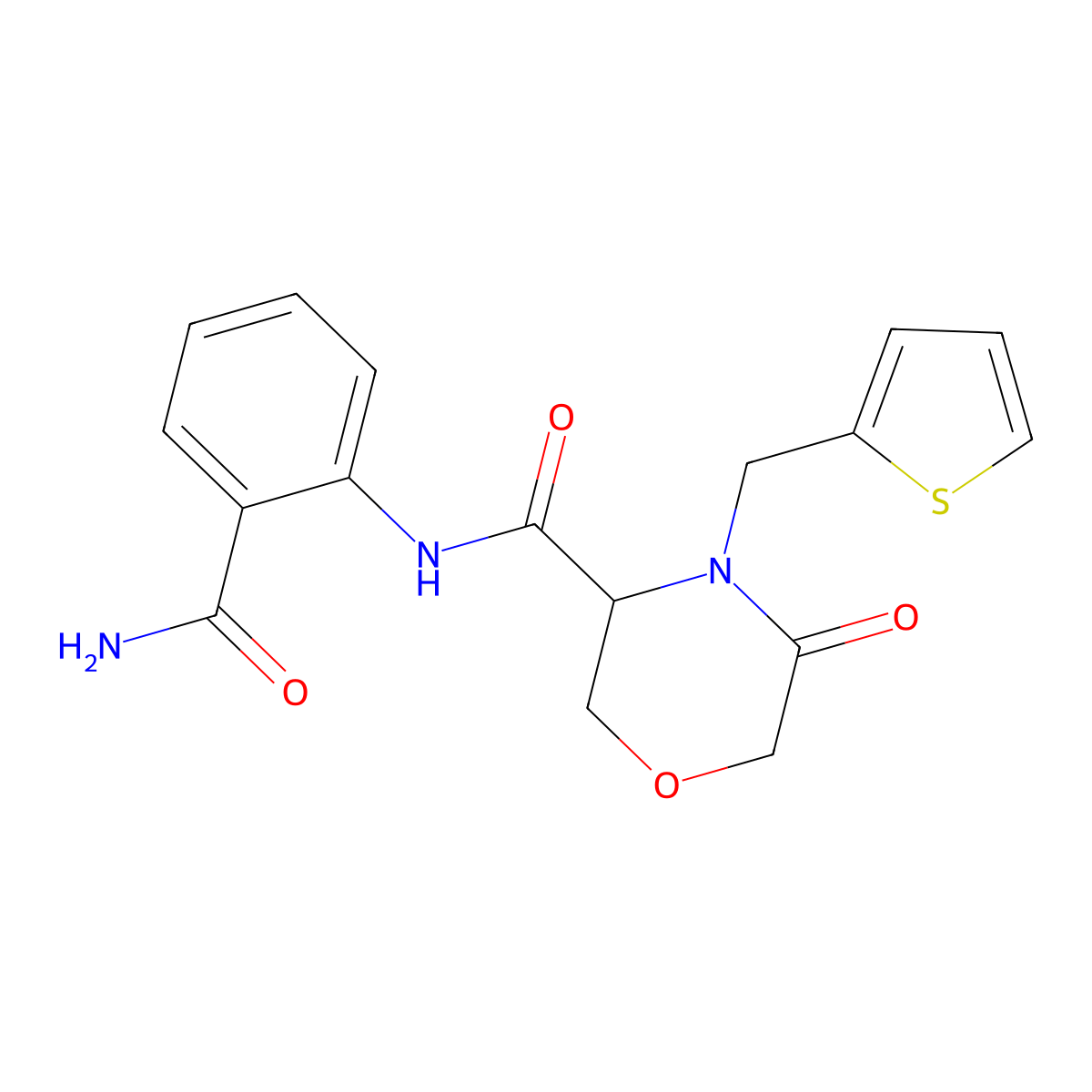 N-(2-carbamoylphenyl)-5-oxo-4-(thiophen-2-ylmethyl)morpholine-3-carboxamide molecular structure, CAS 1421444-49-6