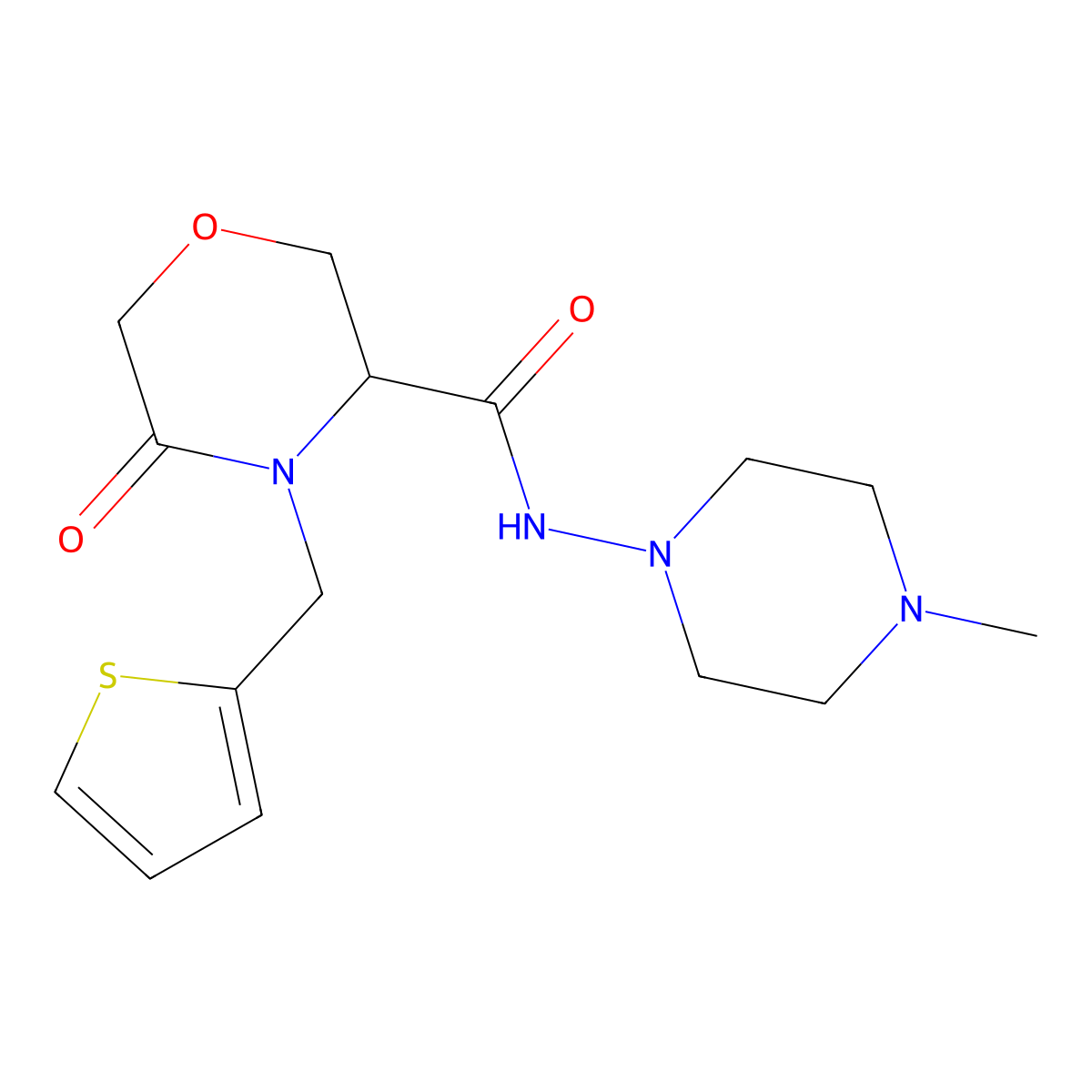 N-(4-methylpiperazin-1-yl)-5-oxo-4-(thiophen-2-ylmethyl)morpholine-3-carboxamide molecular structure, CAS 1421444-54-3