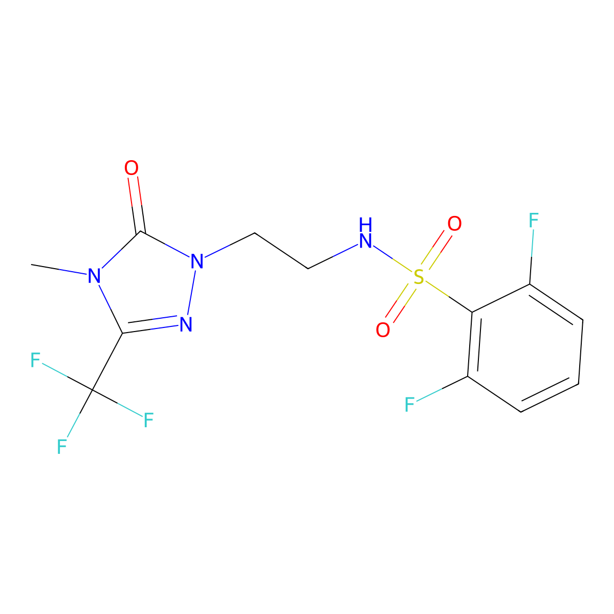 2,6-difluoro-N-(2-(4-methyl-5-oxo-3-(trifluoromethyl)-4,5-dihydro-1H-1,2,4-triazol-1-yl)ethyl)benzenesulfonamide molecular structure, CAS 1421444-64-5