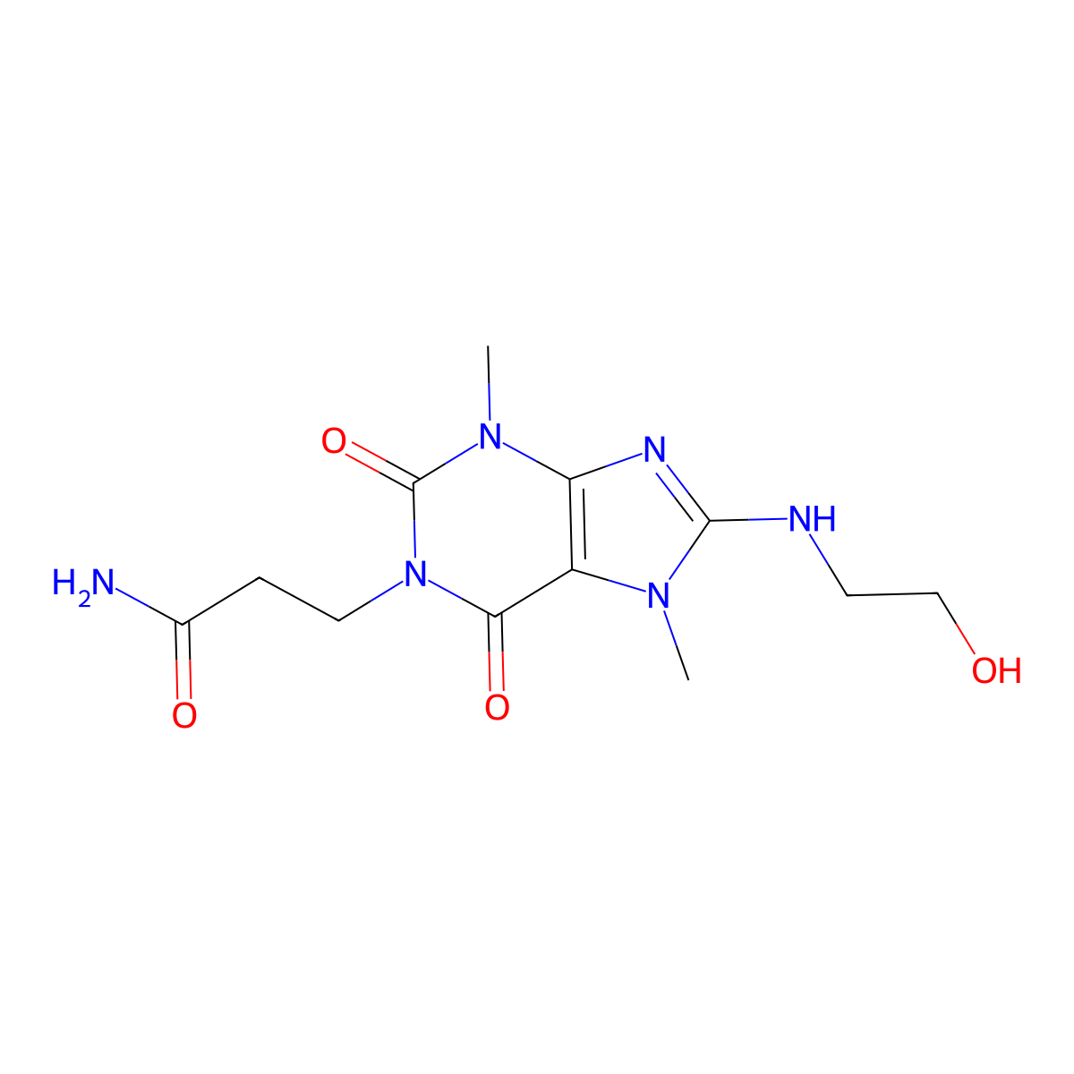3-(8-((2-hydroxyethyl)amino)-3,7-dimethyl-2,6-dioxo-2,3,6,7-tetrahydro-1H-purin-1-yl)propanamide molecular structure, CAS 1421444-65-6