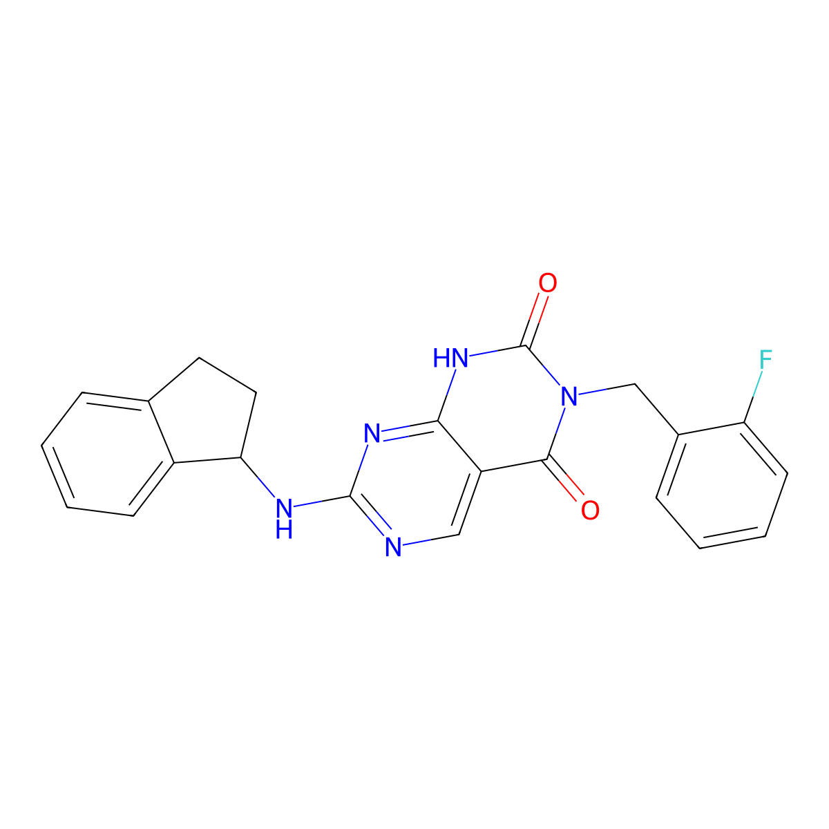 7-((2,3-dihydro-1H-inden-1-yl)amino)-3-(2-fluorobenzyl)pyrimido[4,5-d]pyrimidine-2,4(1H,3H)-dione molecular structure, CAS 1421444-75-8