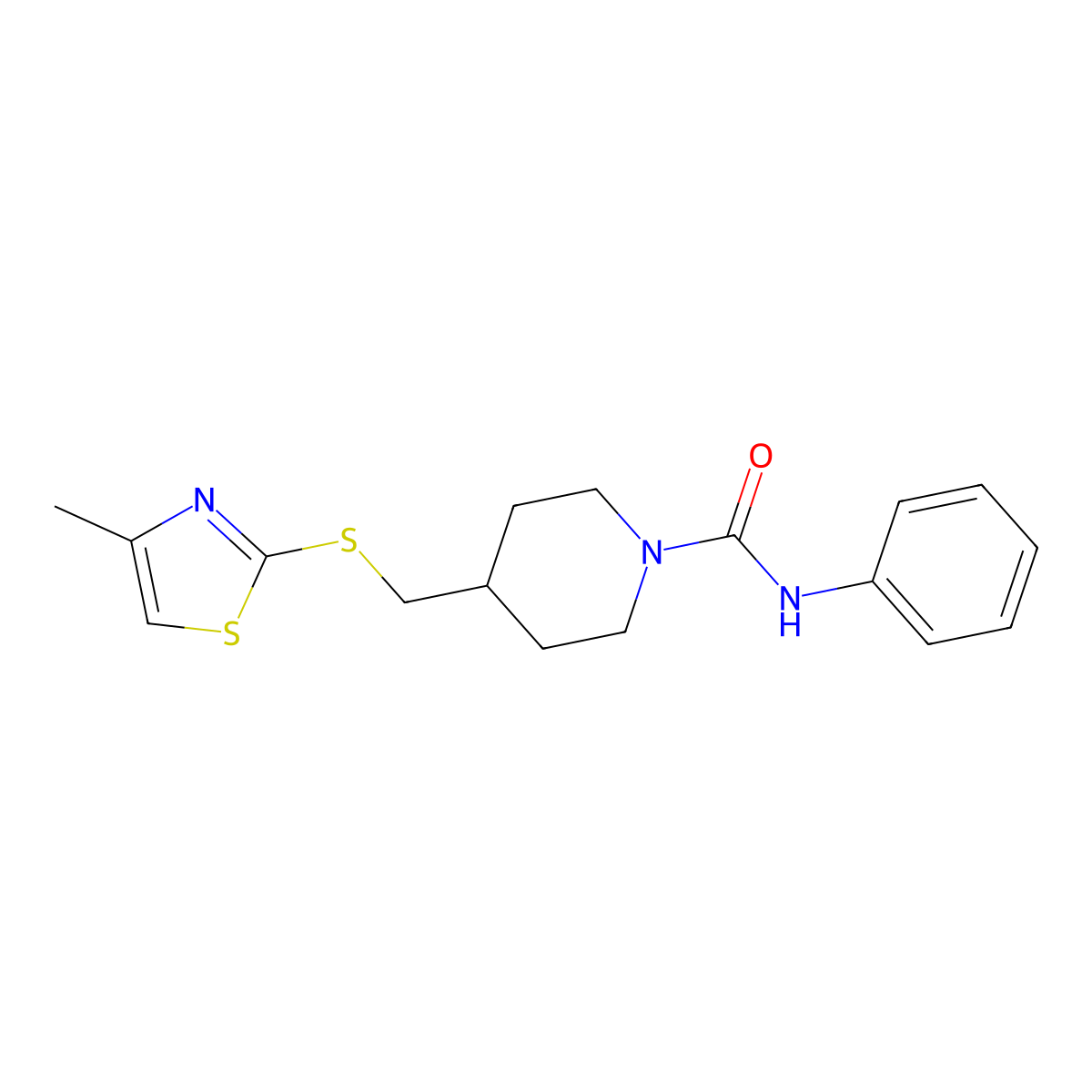 4-(((4-methylthiazol-2-yl)thio)methyl)-N-phenylpiperidine-1-carboxamide molecular structure, CAS 1421444-90-7