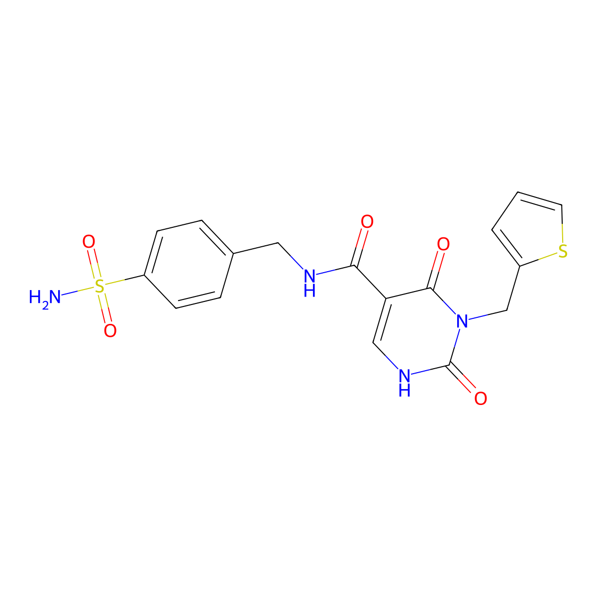 2,4-dioxo-N-(4-sulfamoylbenzyl)-3-(thiophen-2-ylmethyl)-1,2,3,4-tetrahydropyrimidine-5-carboxamide molecular structure, CAS 1421444-96-3