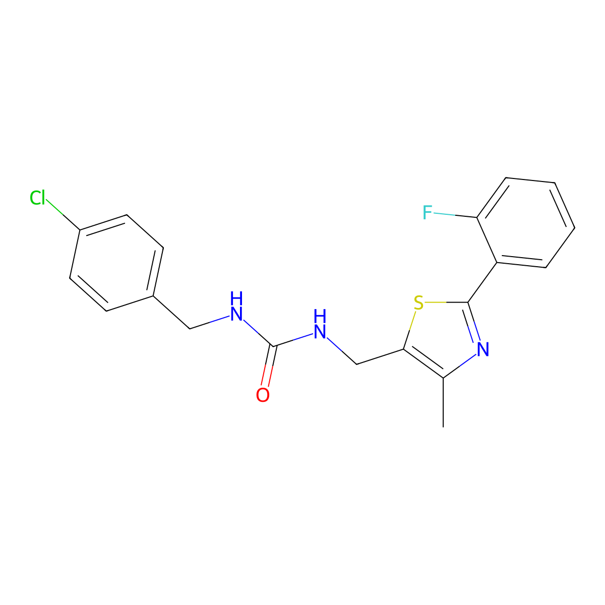 1-(4-Chlorobenzyl)-3-((2-(2-fluorophenyl)-4-methylthiazol-5-yl)methyl)urea molecular structure, CAS 1421444-97-4