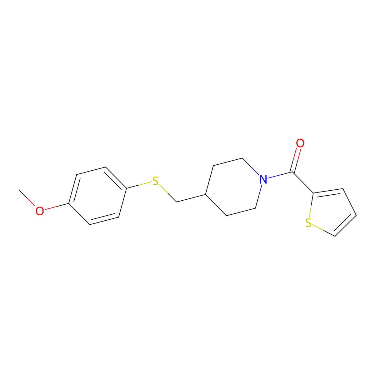 (4-(((4-Methoxyphenyl)thio)methyl)piperidin-1-yl)(thiophen-2-yl)methanone molecular structure, CAS 1421444-98-5