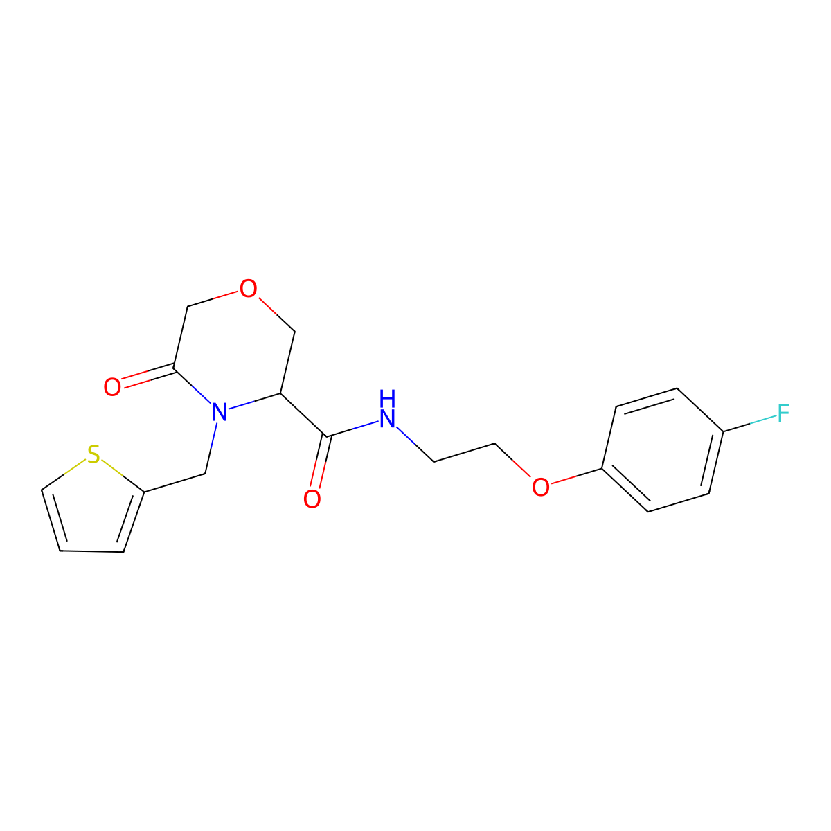 N-(2-(4-fluorophenoxy)ethyl)-5-oxo-4-(thiophen-2-ylmethyl)morpholine-3-carboxamide molecular structure, CAS 1421445-00-2