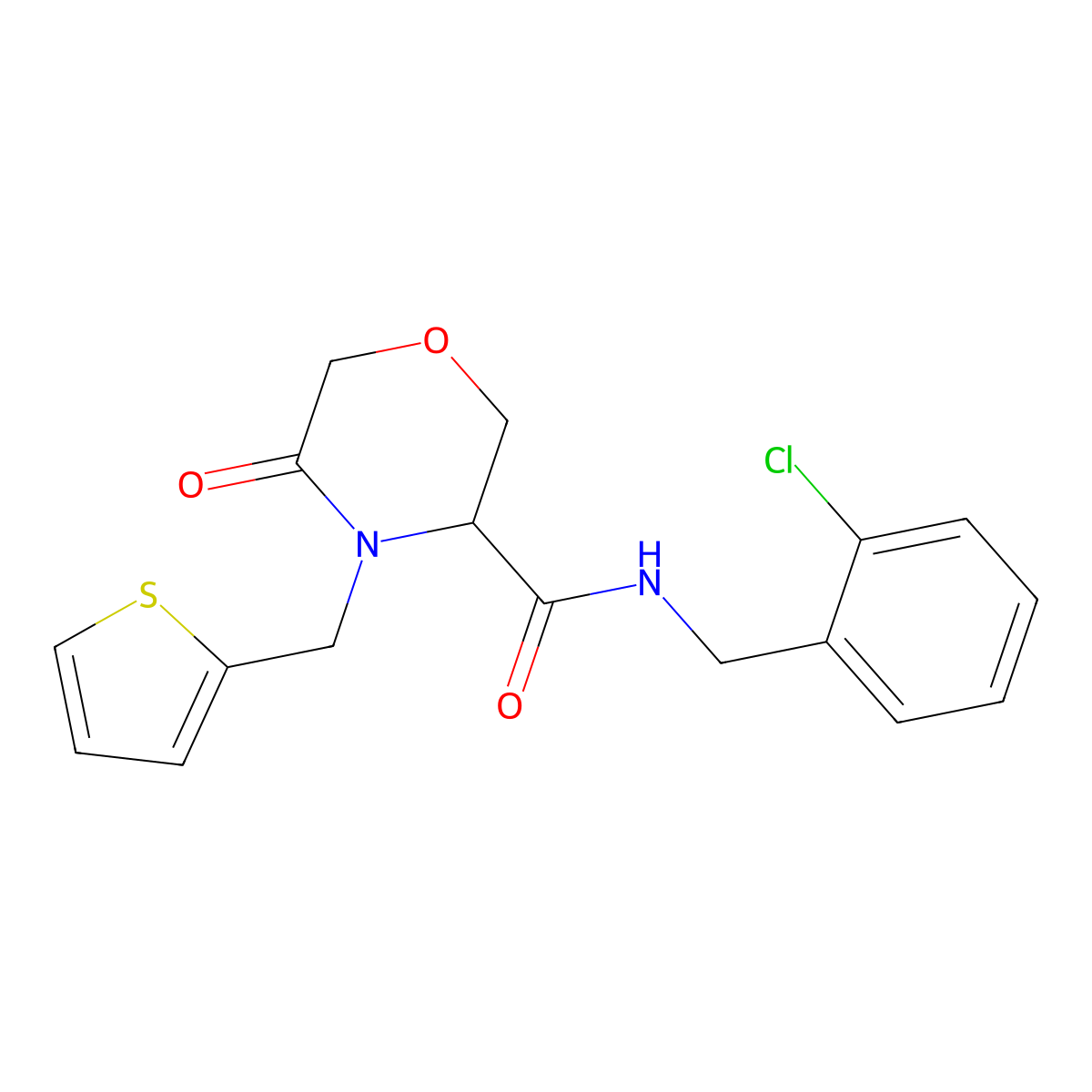 N-(2-chlorobenzyl)-5-oxo-4-(thiophen-2-ylmethyl)morpholine-3-carboxamide molecular structure, CAS 1421445-11-5