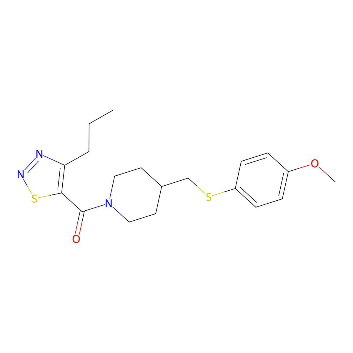 (4-(((4-Methoxyphenyl)thio)methyl)piperidin-1-yl)(4-propyl-1,2,3-thiadiazol-5-yl)methanone molecular structure, CAS 1421445-15-9