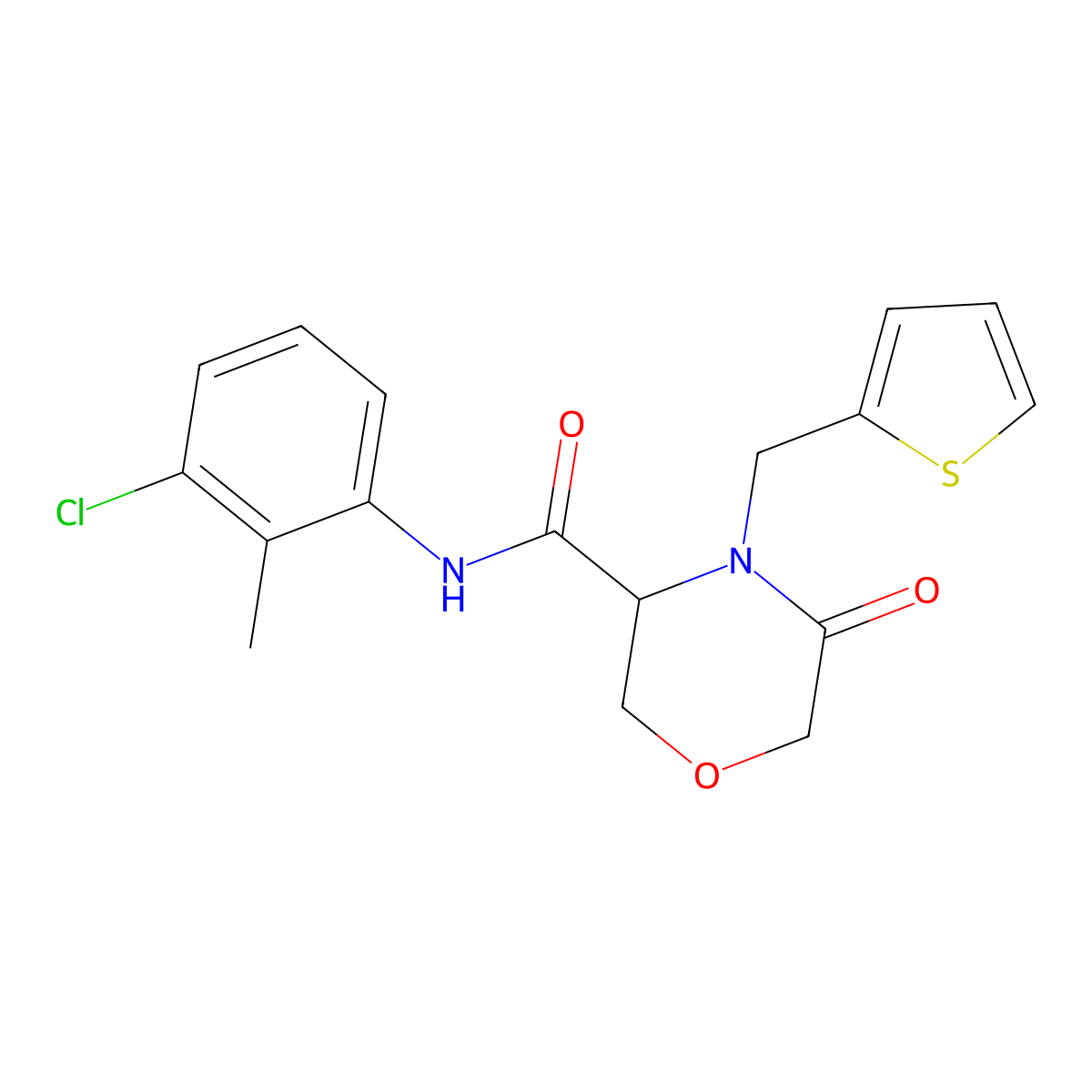 N-(3-chloro-2-methylphenyl)-5-oxo-4-(thiophen-2-ylmethyl)morpholine-3-carboxamide molecular structure, CAS 1421445-18-2